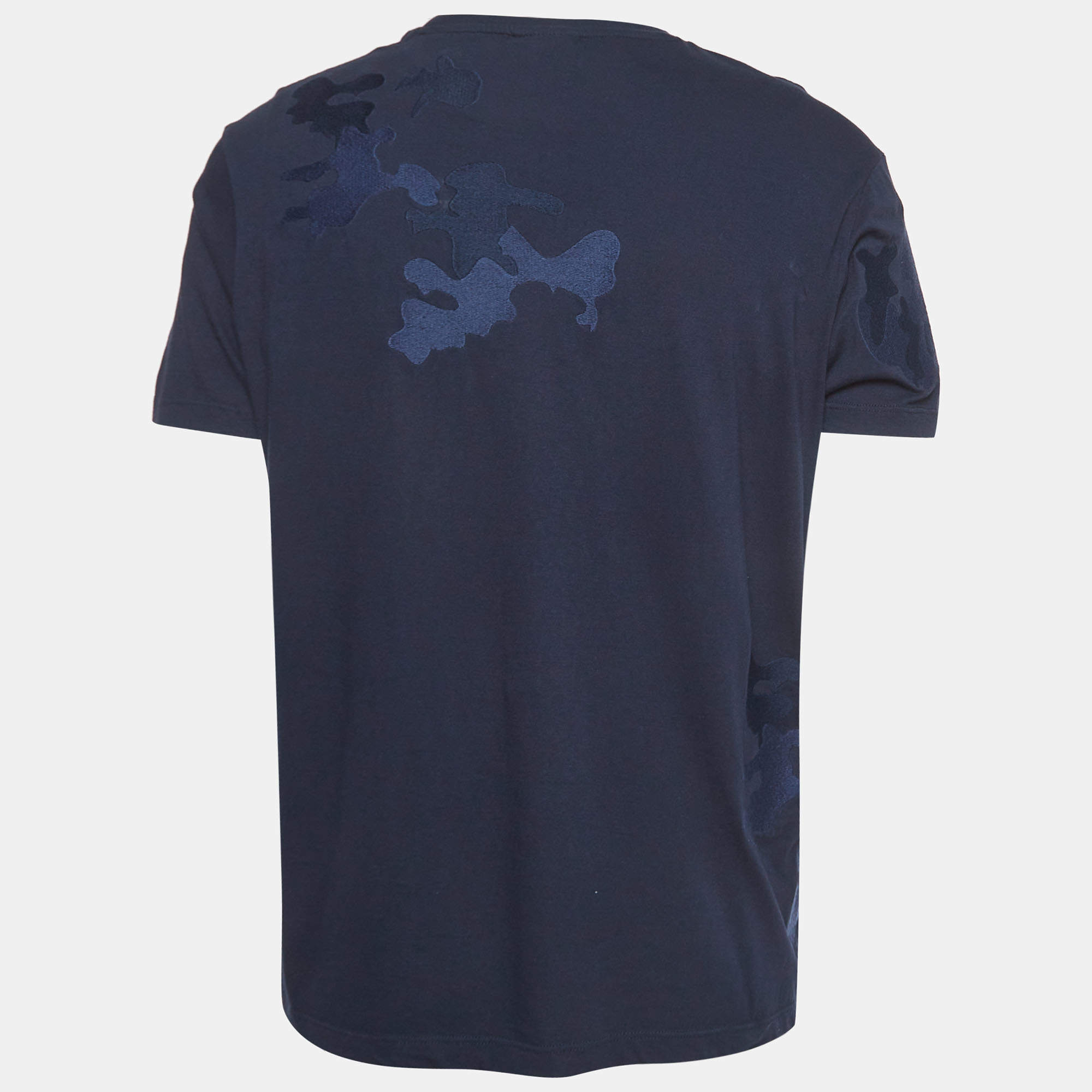 Pre Owned Emporio Armani Navy Blue Embroidered Cotton T-Shirt 2XL