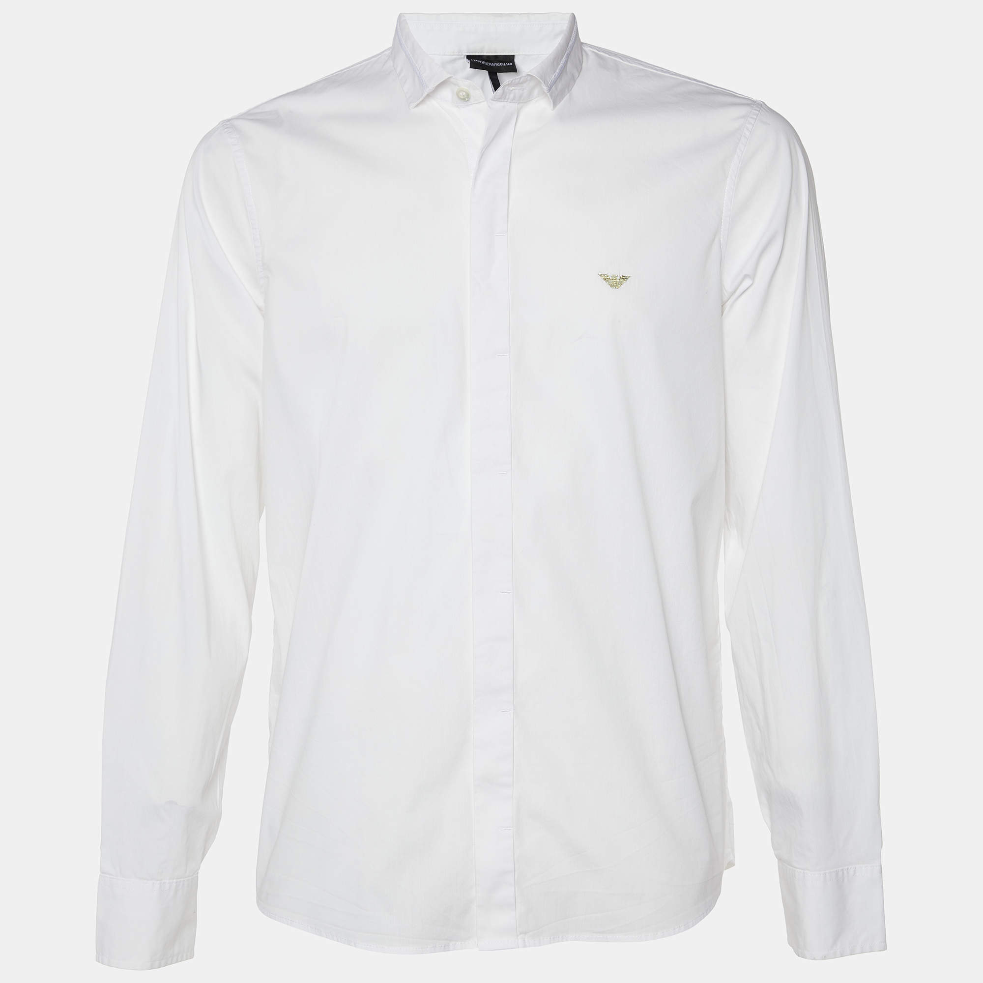 Emporio Armani White Logo Embroidered Cotton Slim Fit Shirt XXL