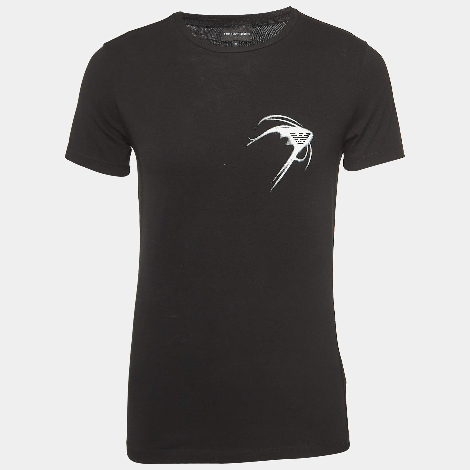 Pre Owned Emporio Armani Black Logo Print Cotton Crew Neck T-Shirt S