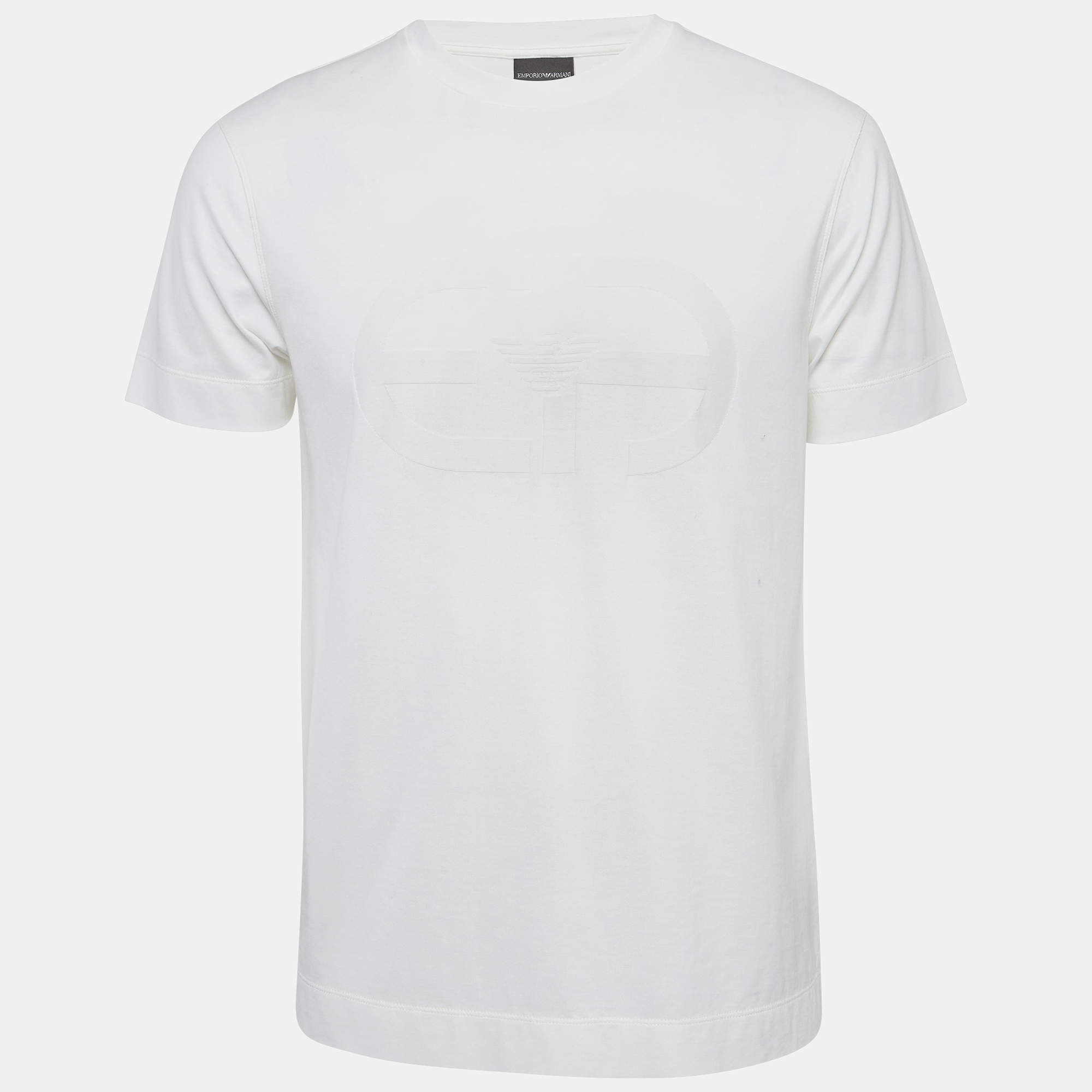 Pre Owned Emporio Armani White r-EAcreate Logo Intarsia Cotton Crew Neck T-Shirt L