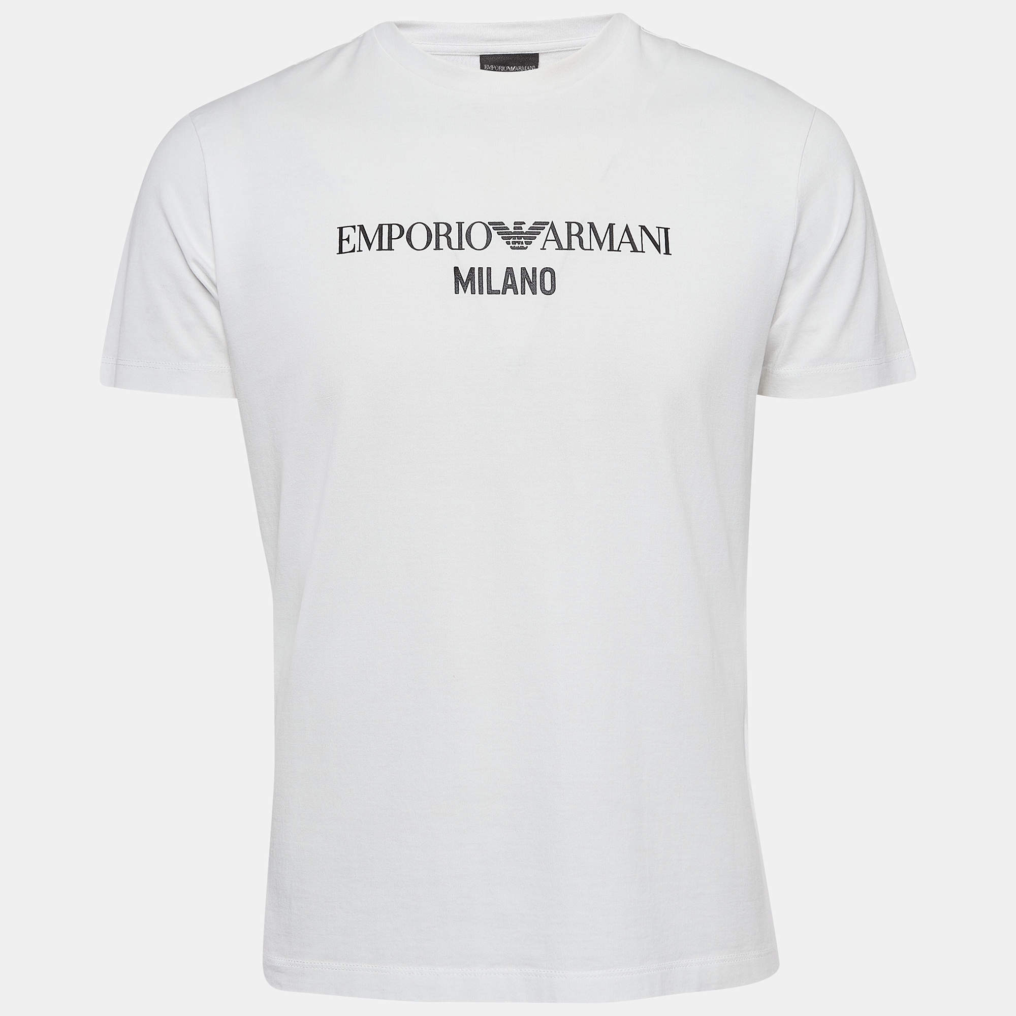 Pre Owned Emporio Armani White Logo Print Cotton Crew Neck T-Shirt L