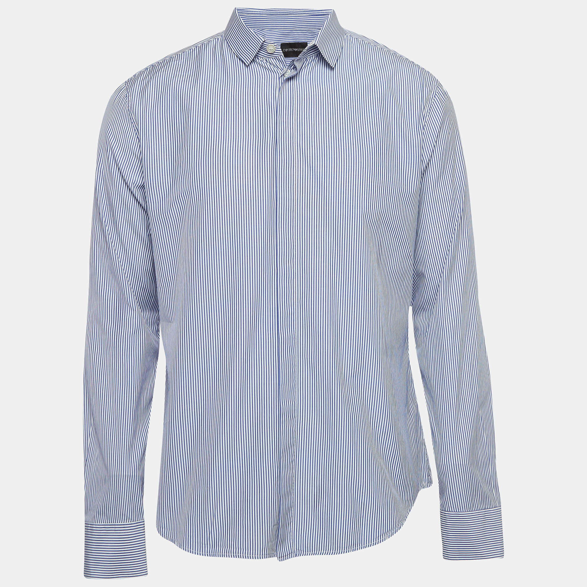 Pre Owned Emporio Armani Blue Striped Cotton Blend Button Front Shirt L