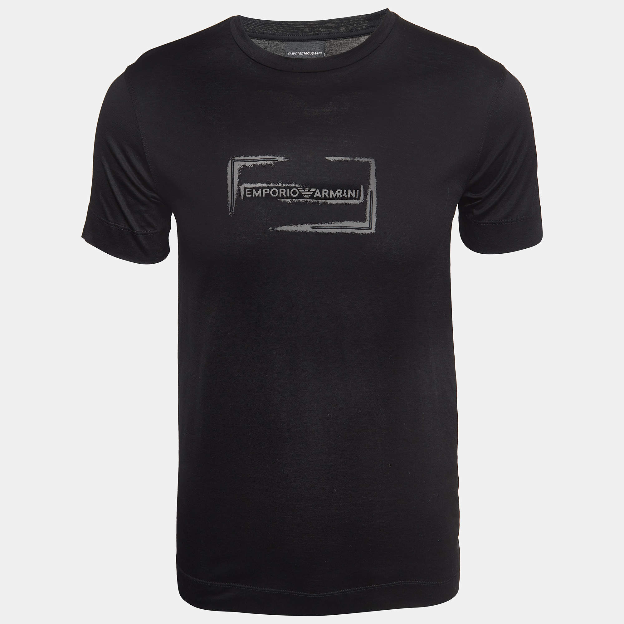 Pre Owned Emporio Armani Black Logo Printed Cotton Knit Crew Neck T-Shirt XS