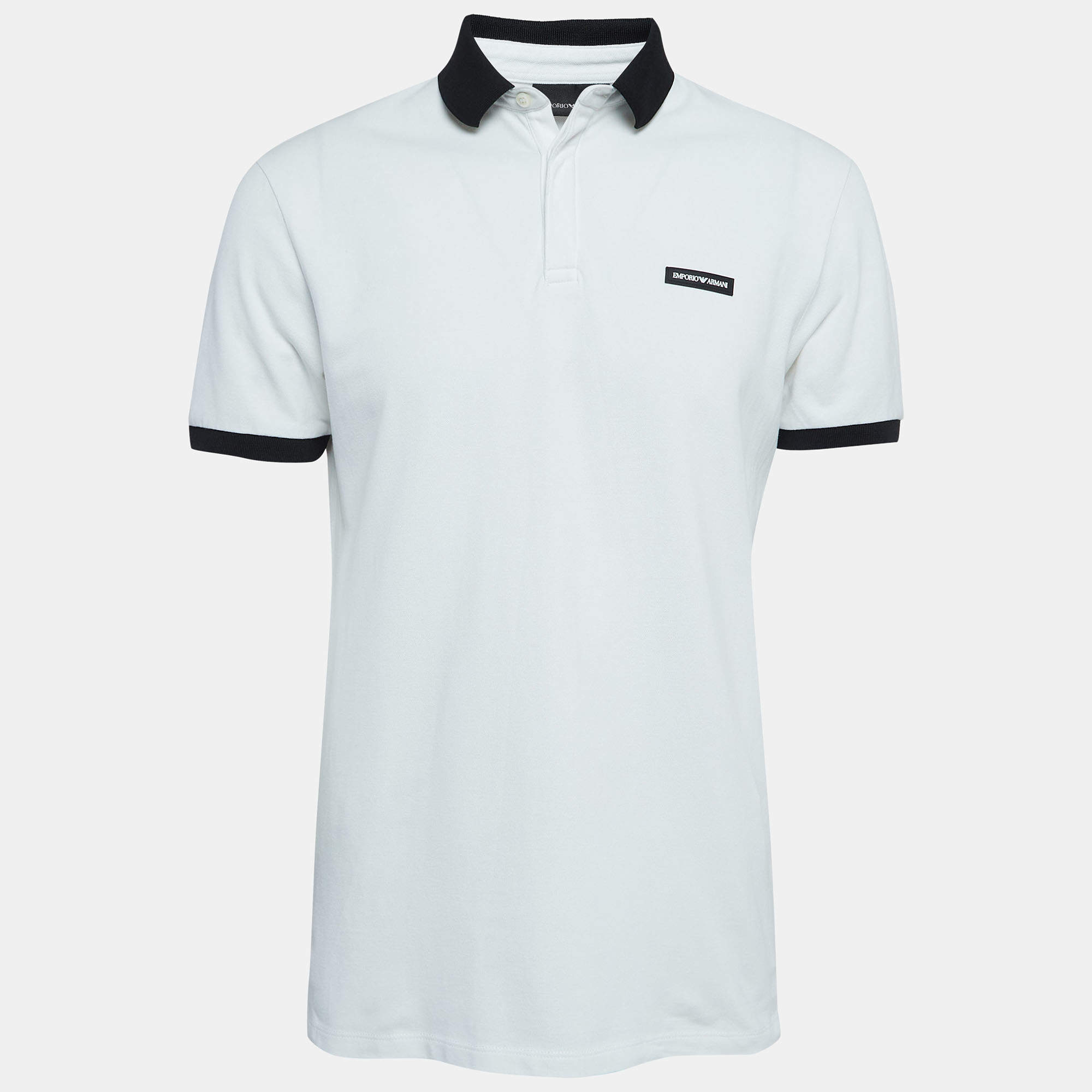 Pre Owned Emporio Armani White Logo Applique Knit Polo T-Shirt L