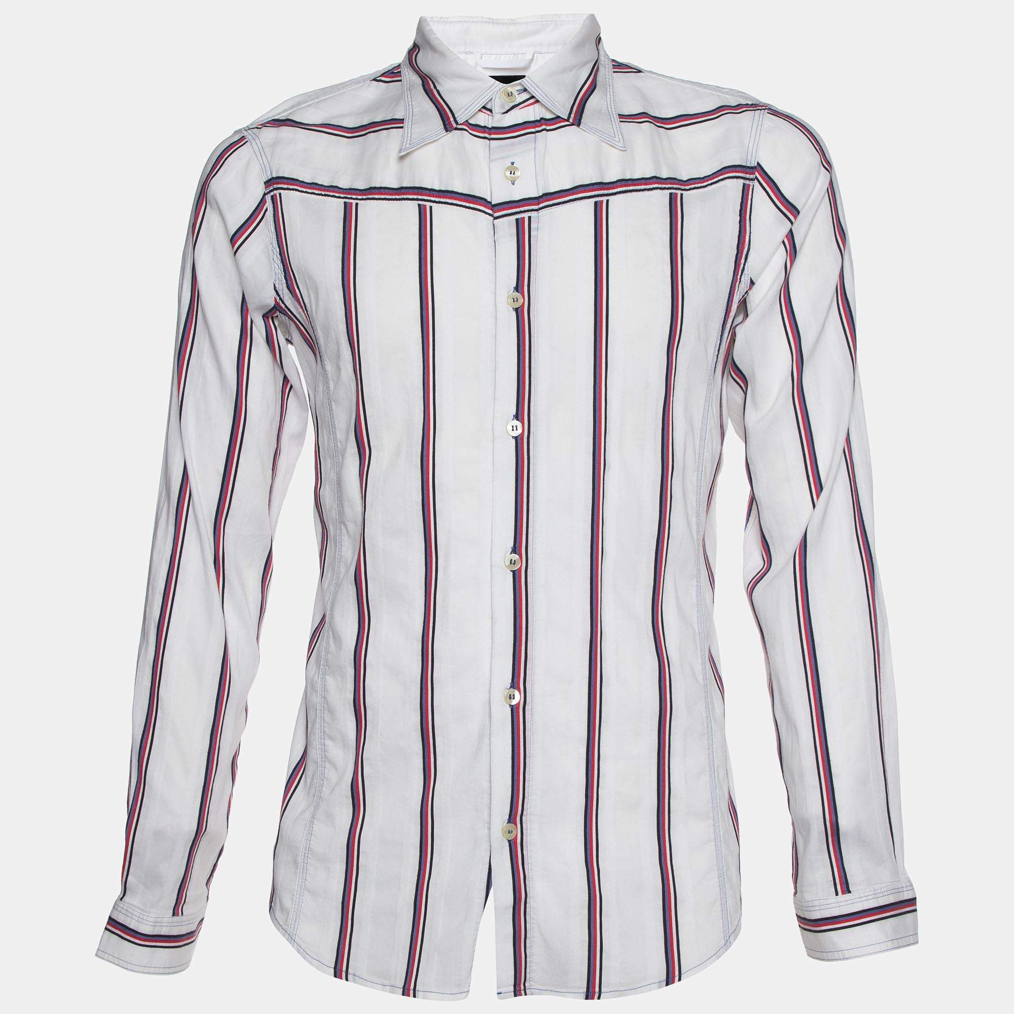 Pre Owned Emporio Armani White Striped Cotton Misura Long Sleeve Shirt S