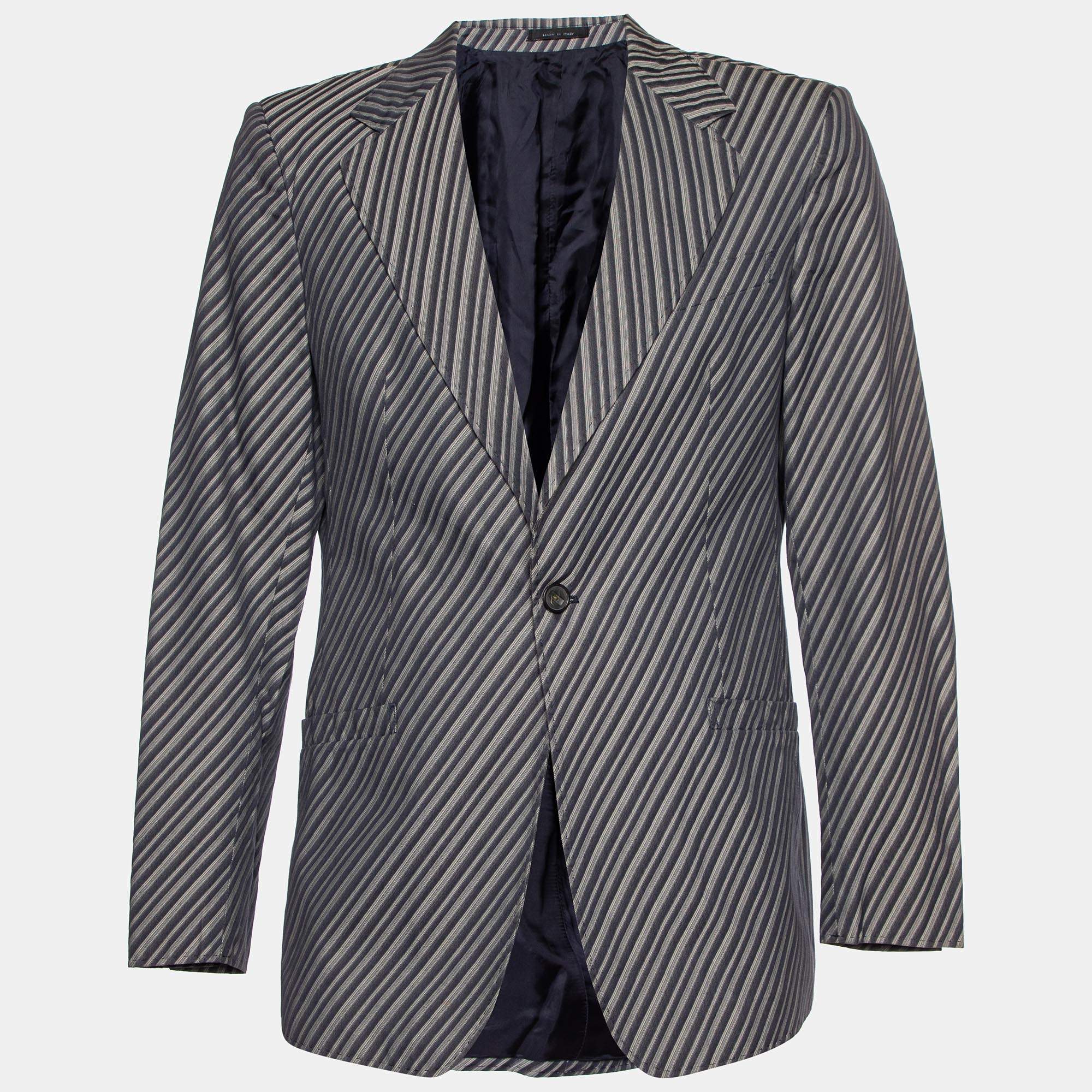 Pre Owned Emporio Armani Grey Diagonal Striped Cotton Jacket XL