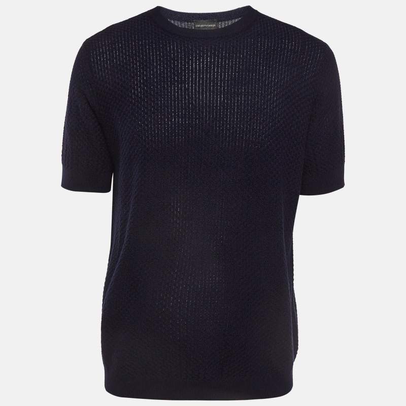 Pre Owned Emporio Armani Midnight Blue Patterned Knit Crew Neck T-Shirt XXL