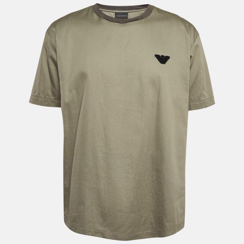 Pre Owned Emporio Armani Green Eagle Patch Cotton Seersucker T-shirt L