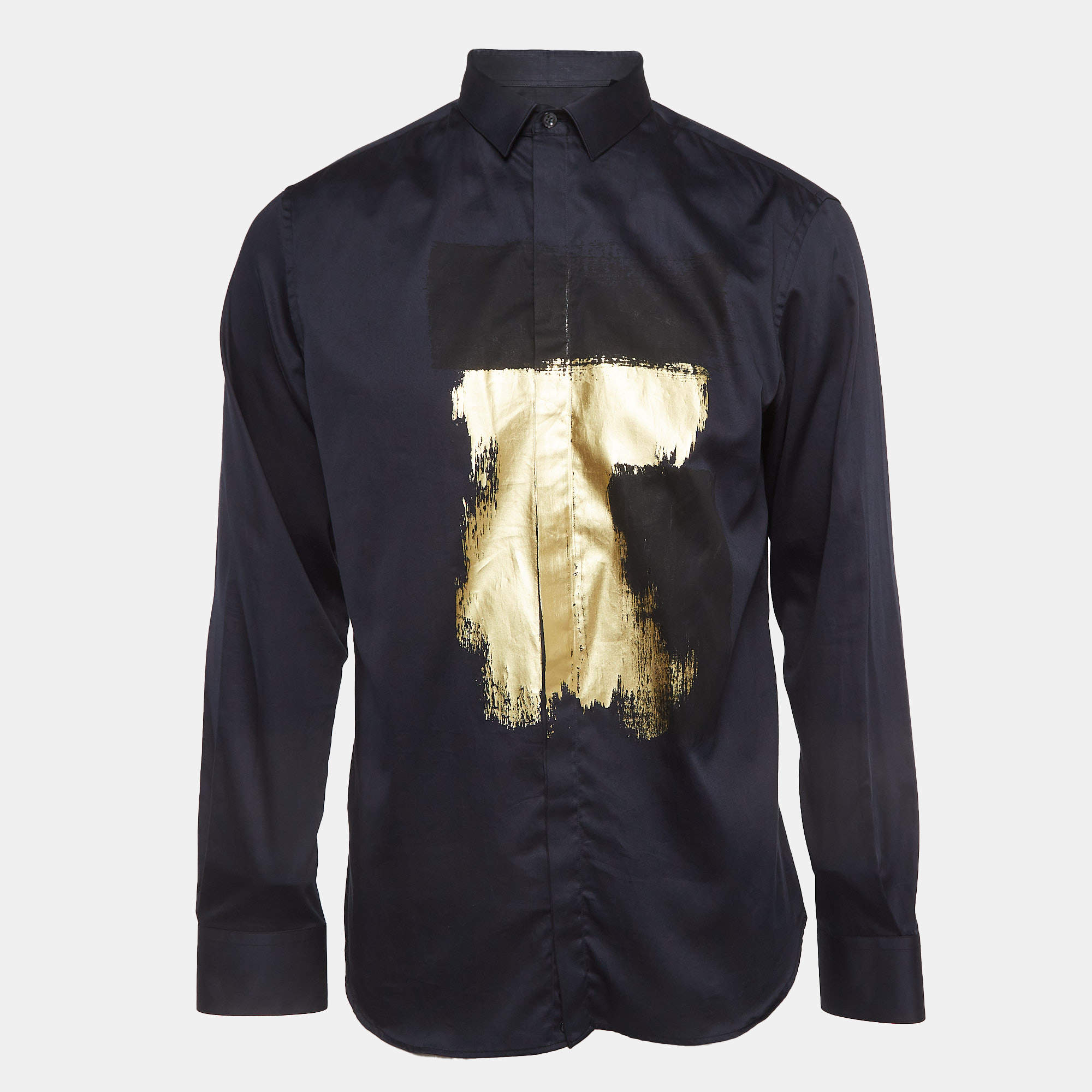 Pre Owned Emporio Armani Blue Metallic Print Cotton Shirt M