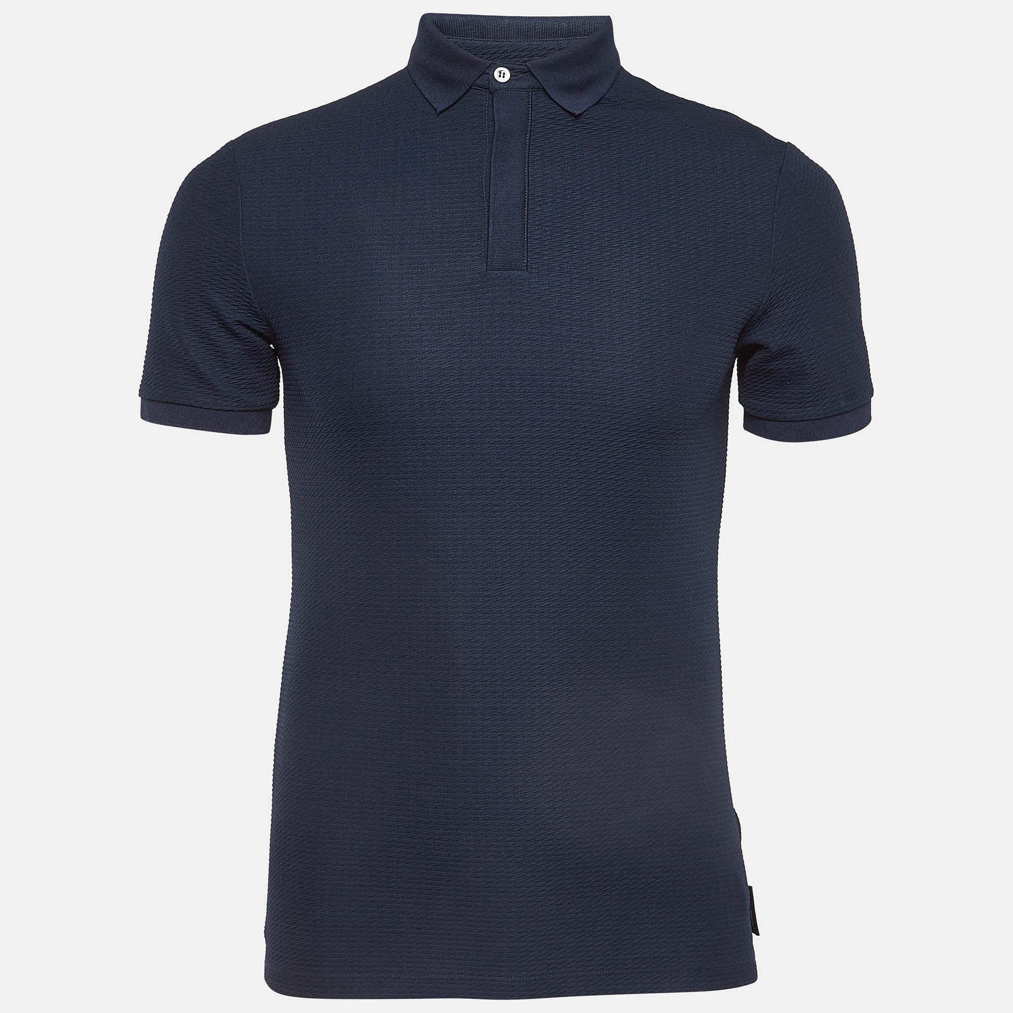 Pre Owned Emporio Armani Navy Blue Patterned Knit Polo Tshirt S