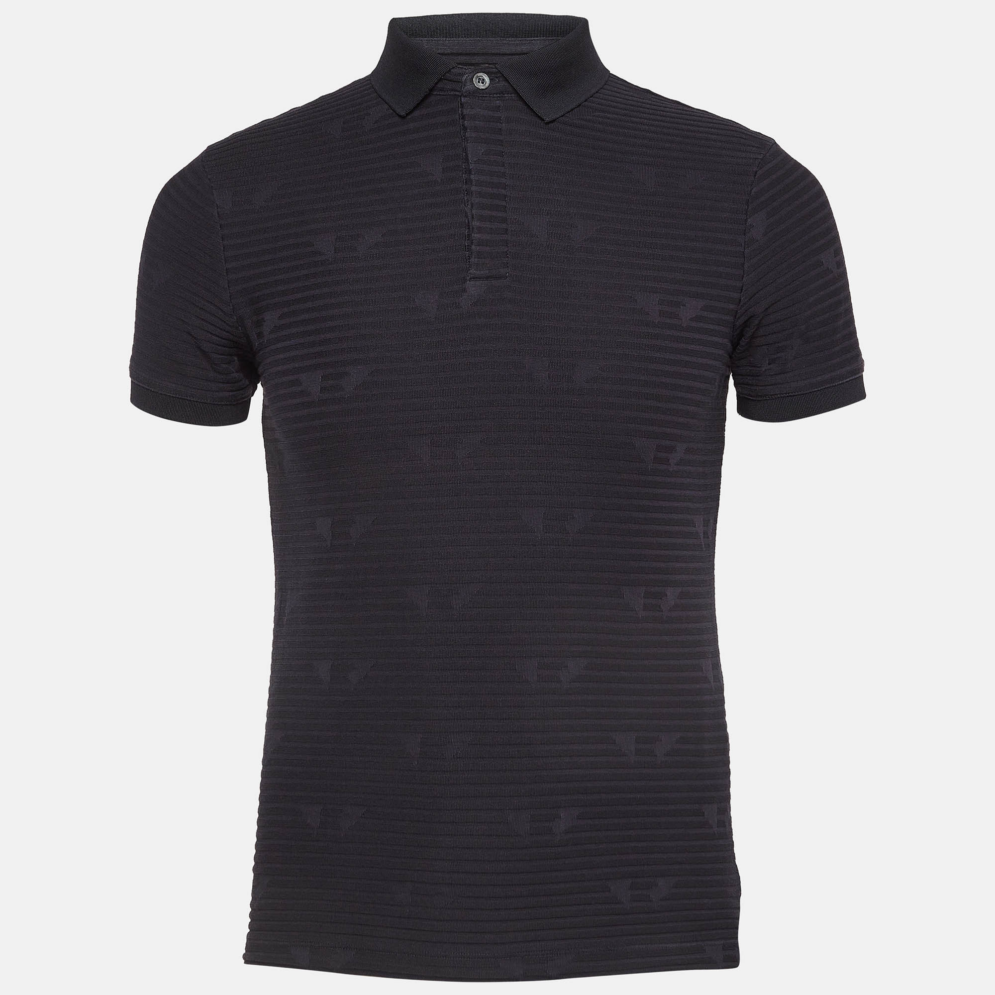 Pre Owned  Emporio Armani Navy Blue Patterned Jersey Polo T-Shirt S