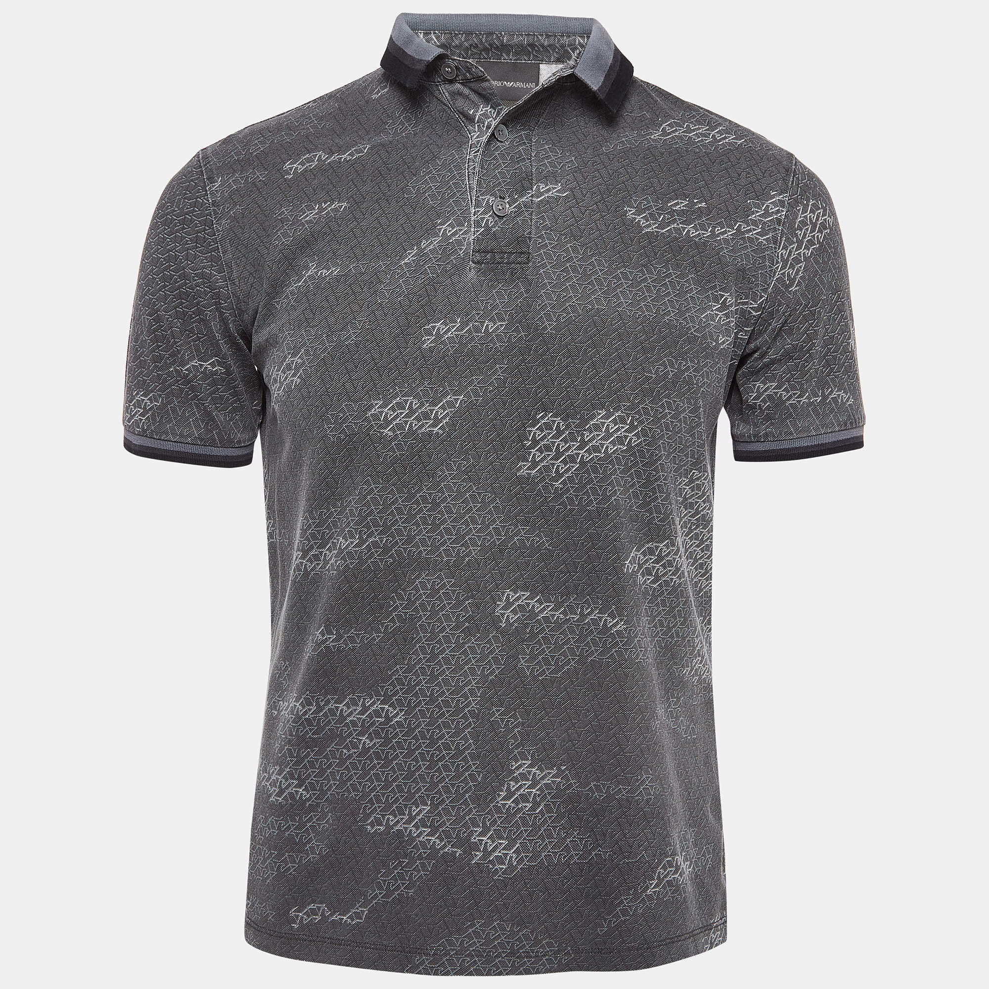 Pre Owned Emporio Armani Grey Printed Knit Polo Contrast Trim T-Shirt S