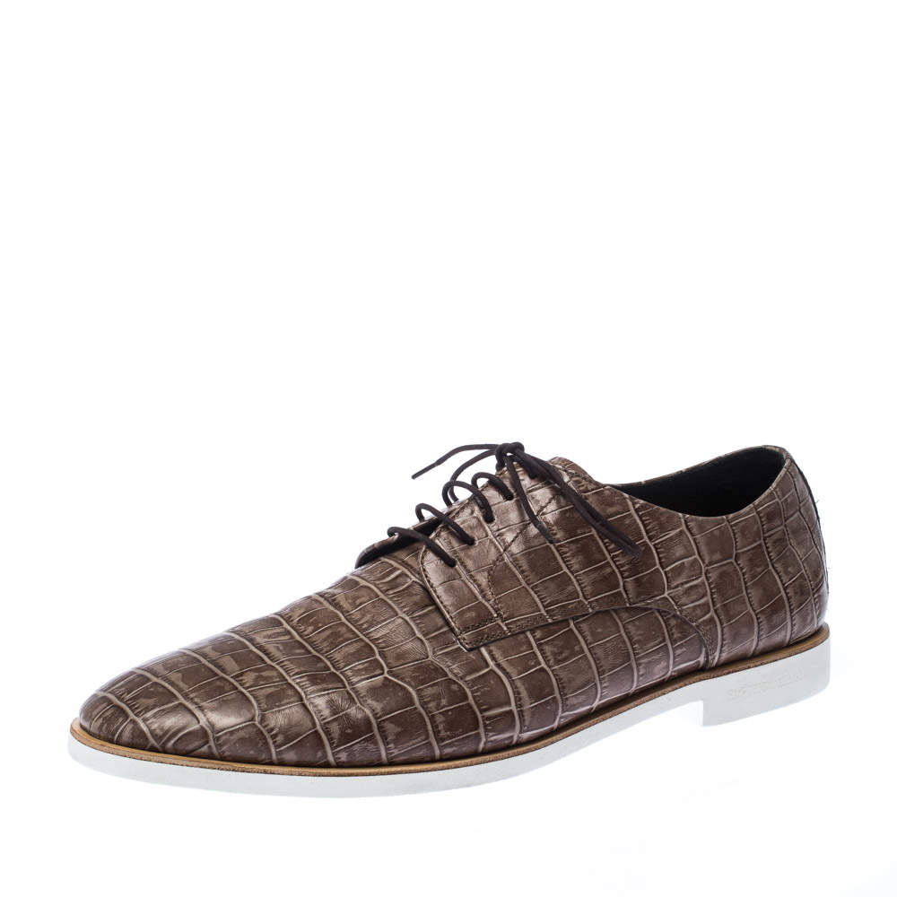 Emporio Armani Brown Croc Embossed Leather Lace Up Derby Size 44