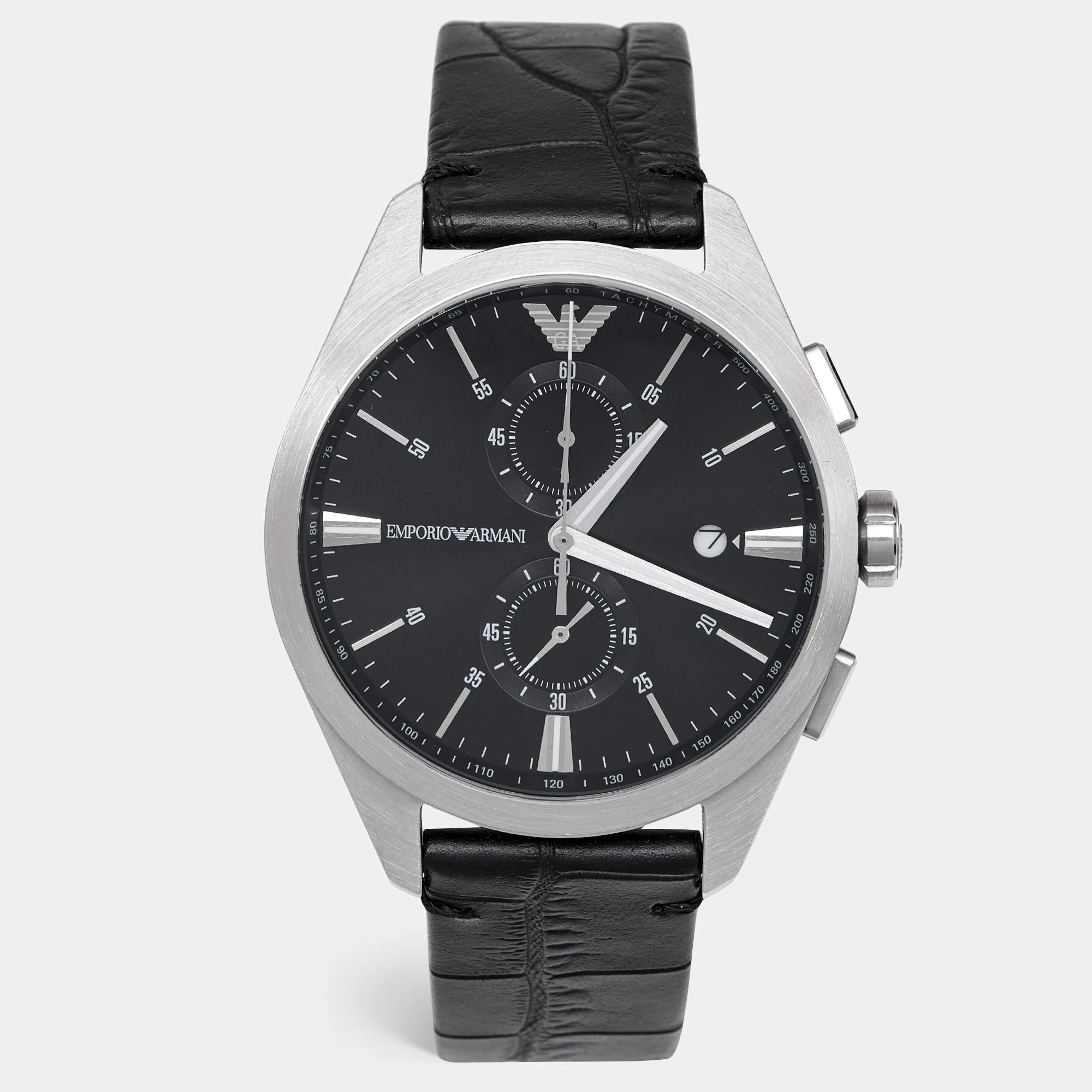 Pre Owned Emporio Armani Black Stainless Steel Embossed Leather Claudio AR11542 Men's Wristwatch 43 mm