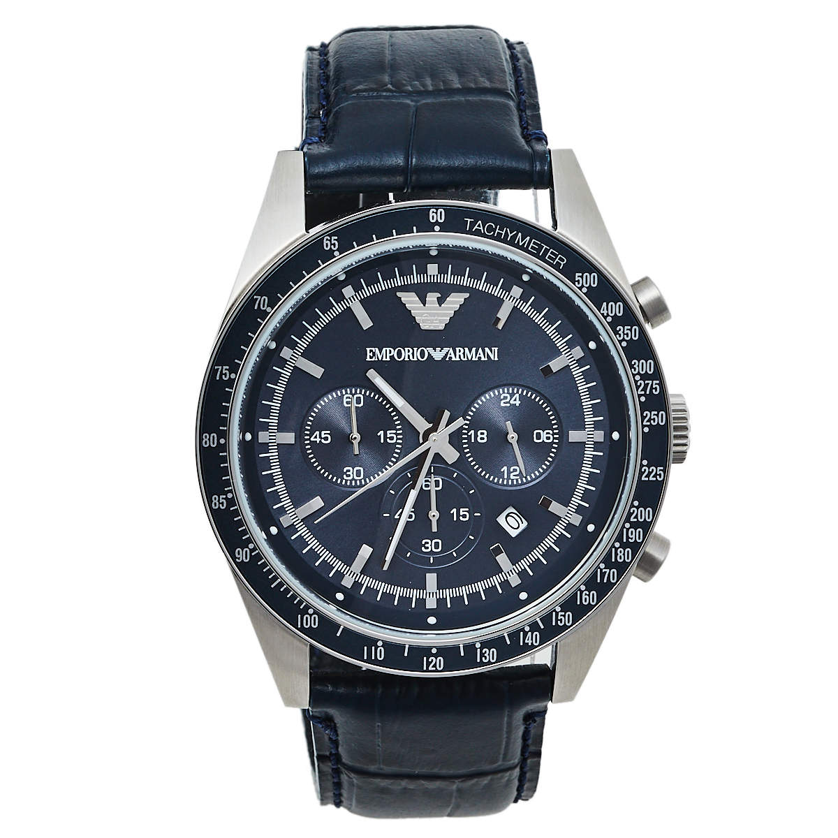 Pre Owned Emporio Armani Navy Blue Stainless Steel Leather AR6089 Men's Wristwatch 46 mm