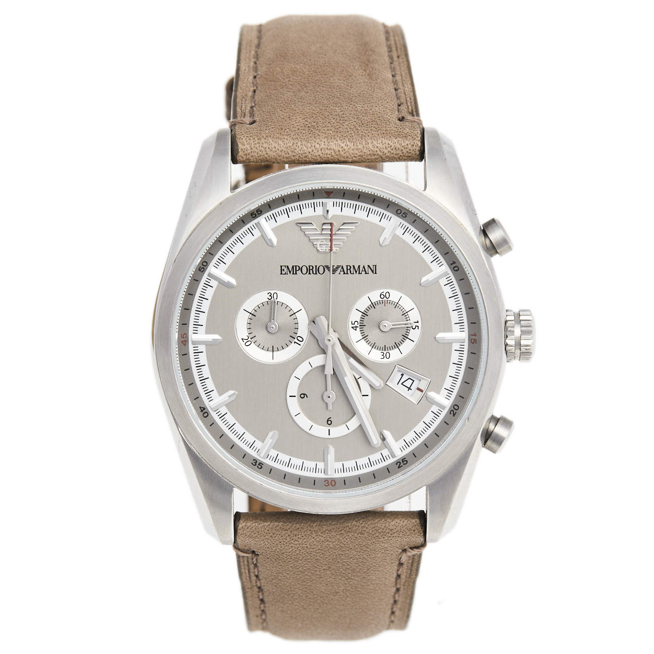 Pre Owned Emporio Armani Grey Stainless Steel Leather Sportivo AR6040 Men's Wristwatch 42 mm 