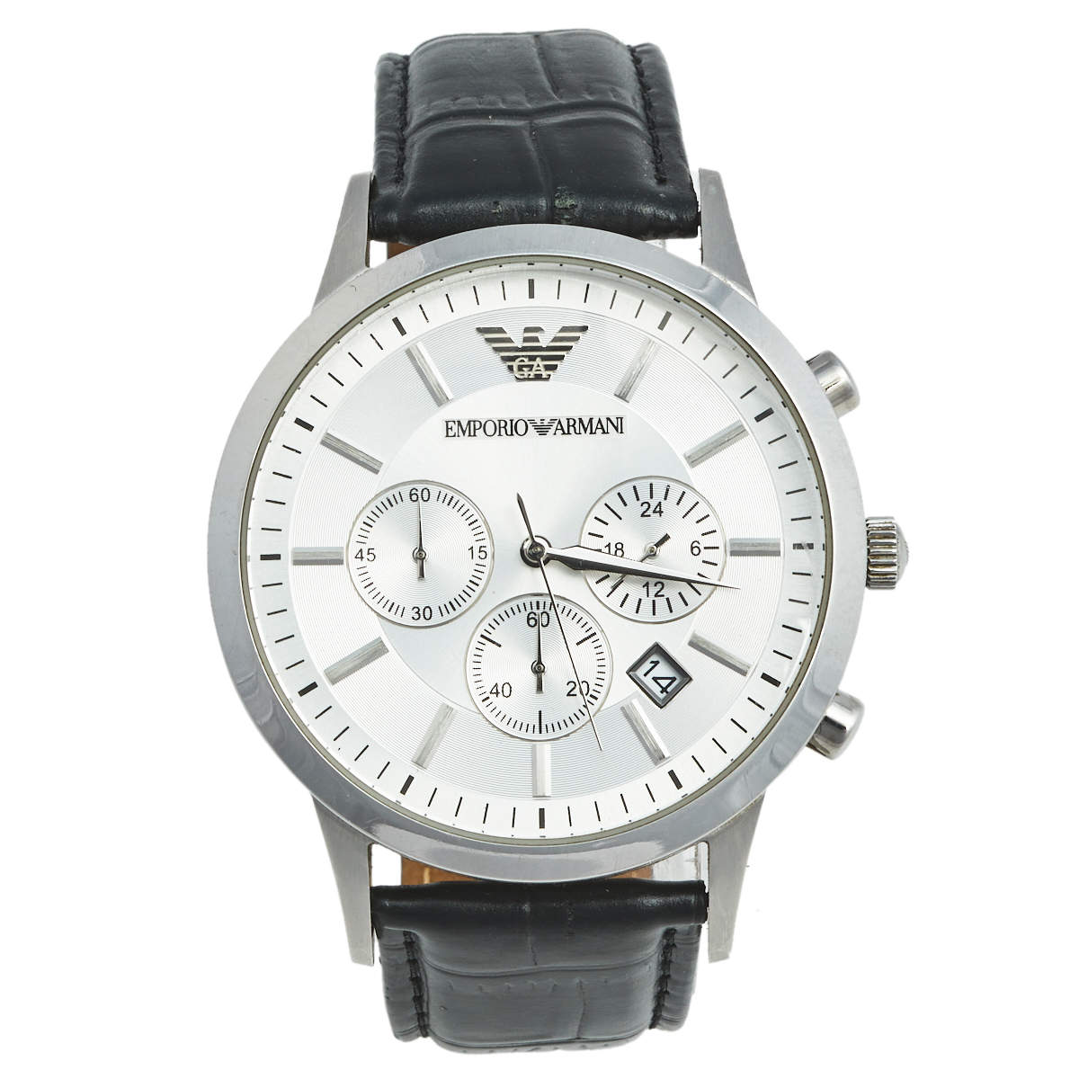 Emporio Armani Silver Stainless Steel Leather Classic AR-2432 Men's Wristwatch 43 mm
