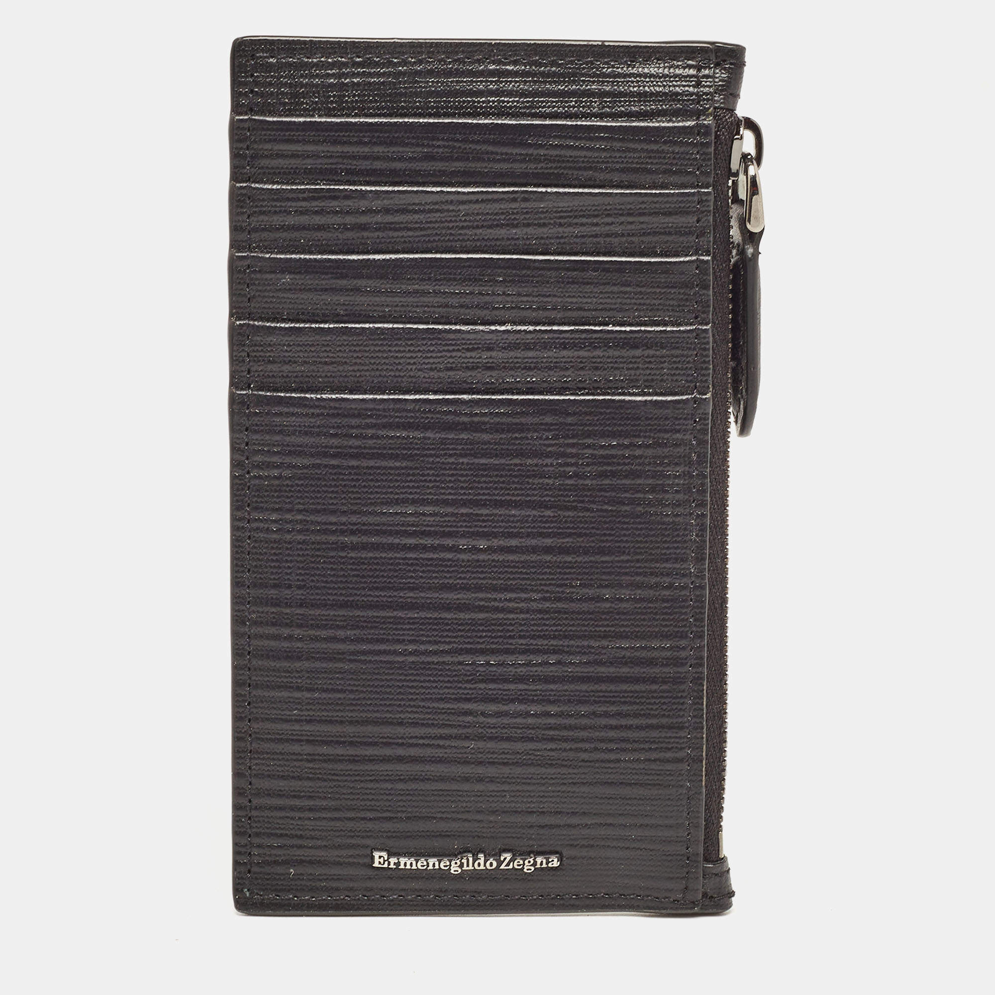 Pre Owned Ermenegildo Zegna Black Leather Zip Card Case