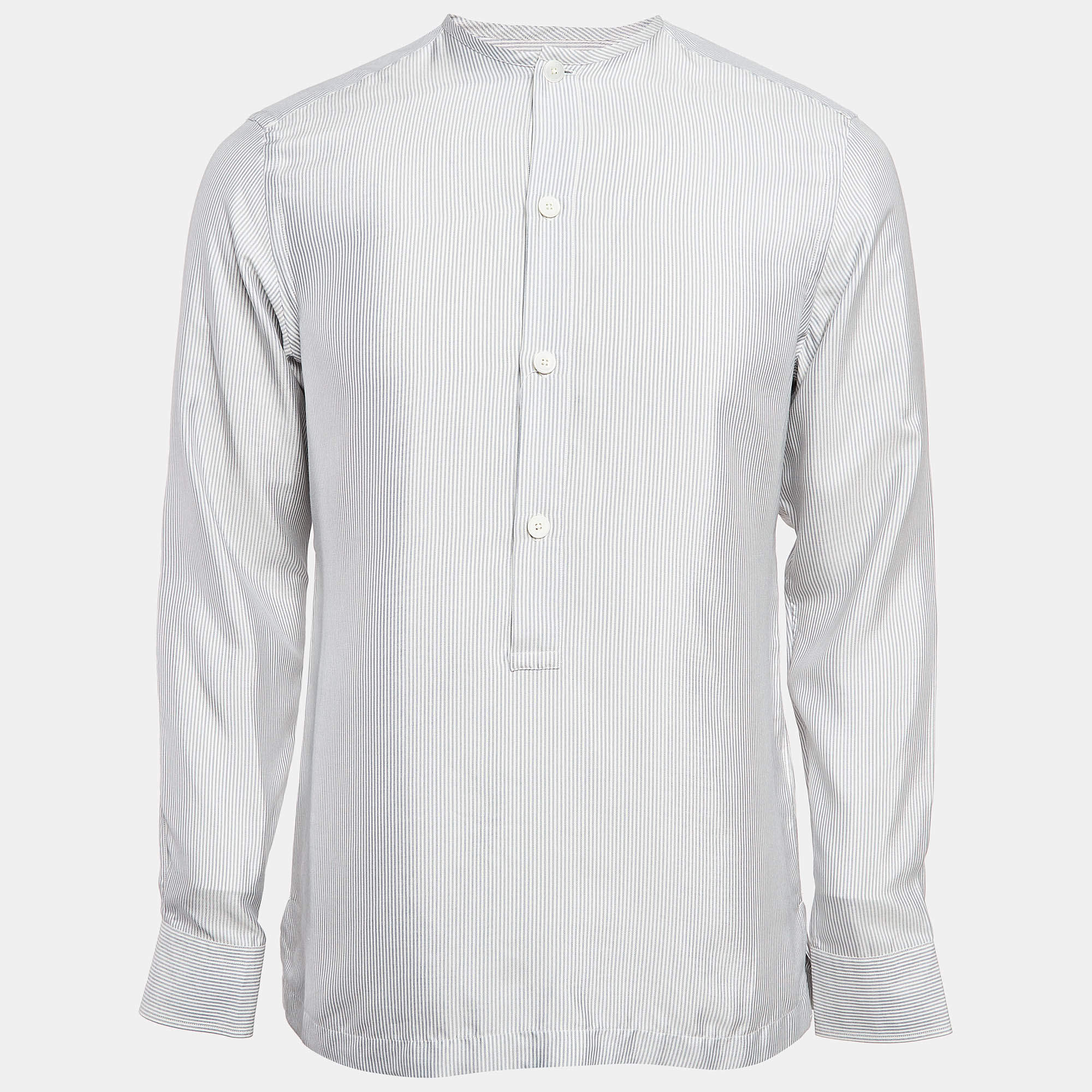 Ermenegildo Zegna Blue Striped Silk Half Placket Shirt S