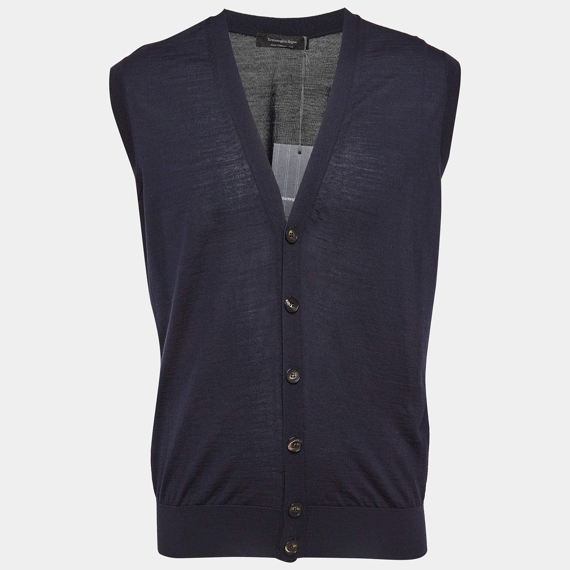 Pre Owned Ermenegildo Zegna Navy Blue Knit Sleeveless Button Front Cardigan L