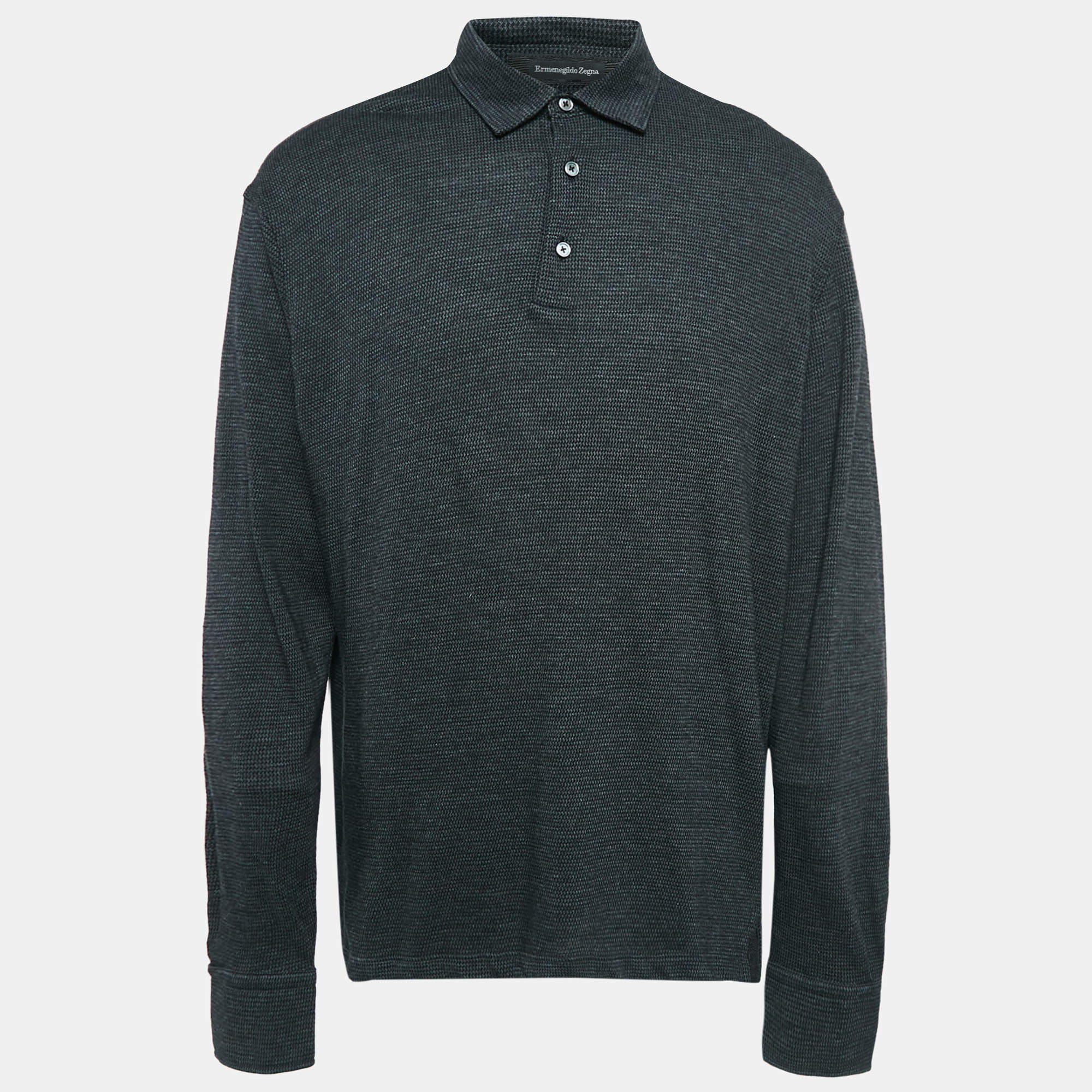 Ermenegildo Zegna Black Printed Cotton and Wool Knit Polo T-Shirt XXL