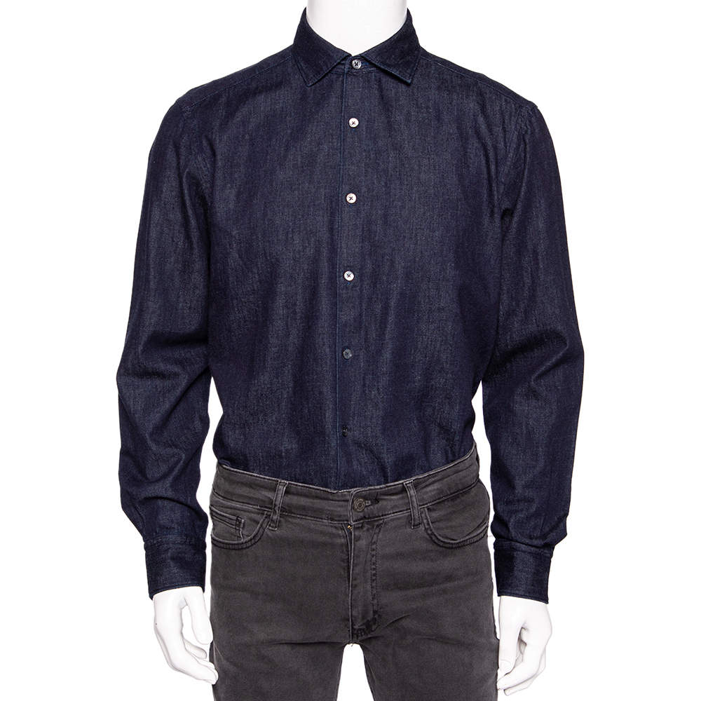 مملوكة مسبقًا Ermenegildo Zegna Blue Denim Button Front Shirt L