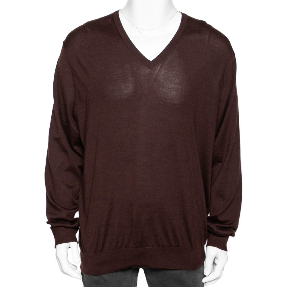 Pre Owned Ermenegildo Zegna Brown Cashmere & Silk Knit V-Neck Sweater 4XL