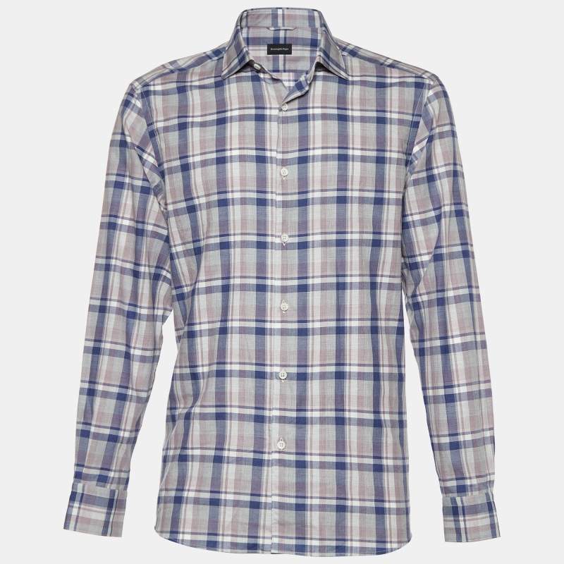 Pre Owned Ermenegildo Zegna Blue Checked Cotton Long Sleeve Shirt L
