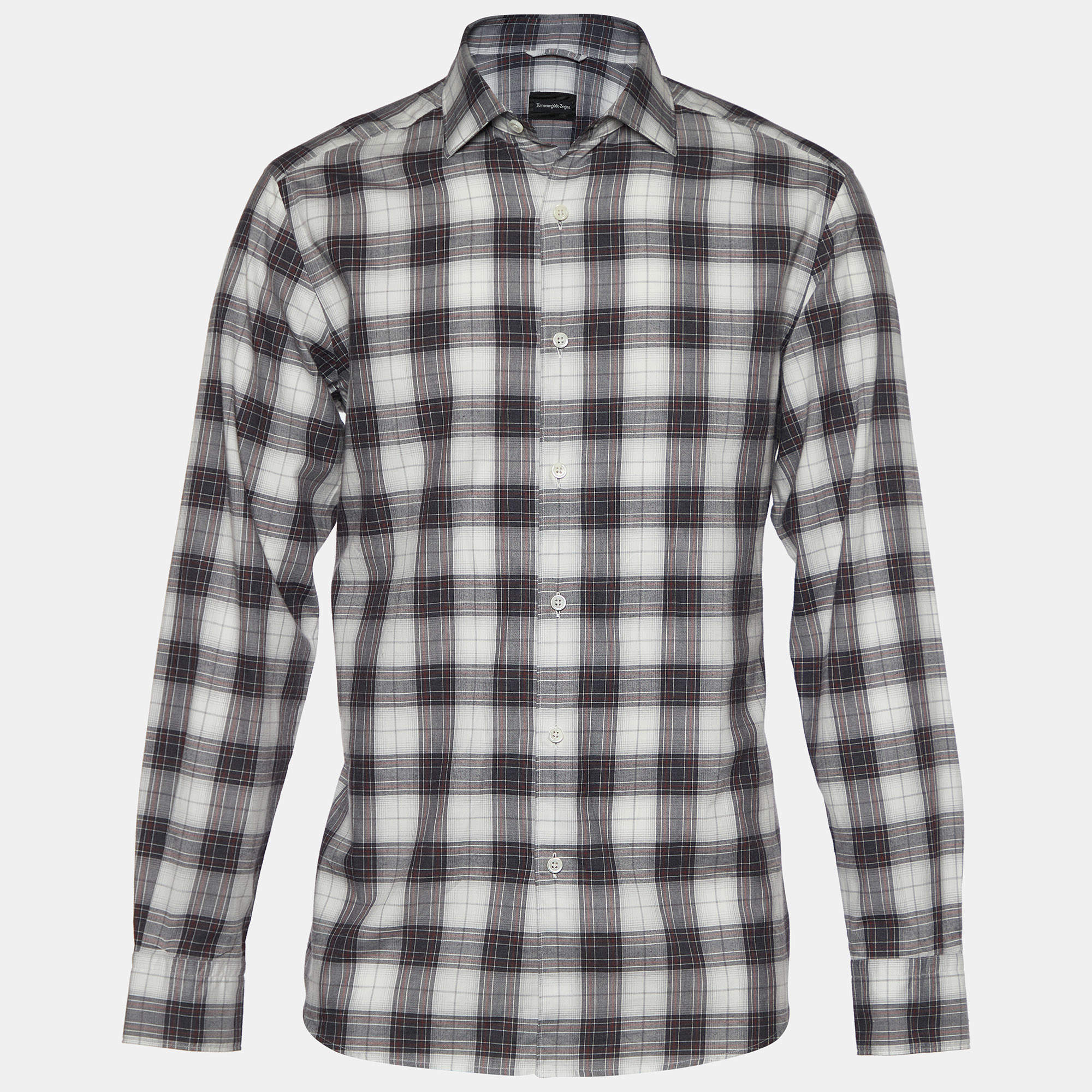Pre Owned Ermenegildo Zegna Light Grey Plaid Check Cotton Long Sleeve Shirt L