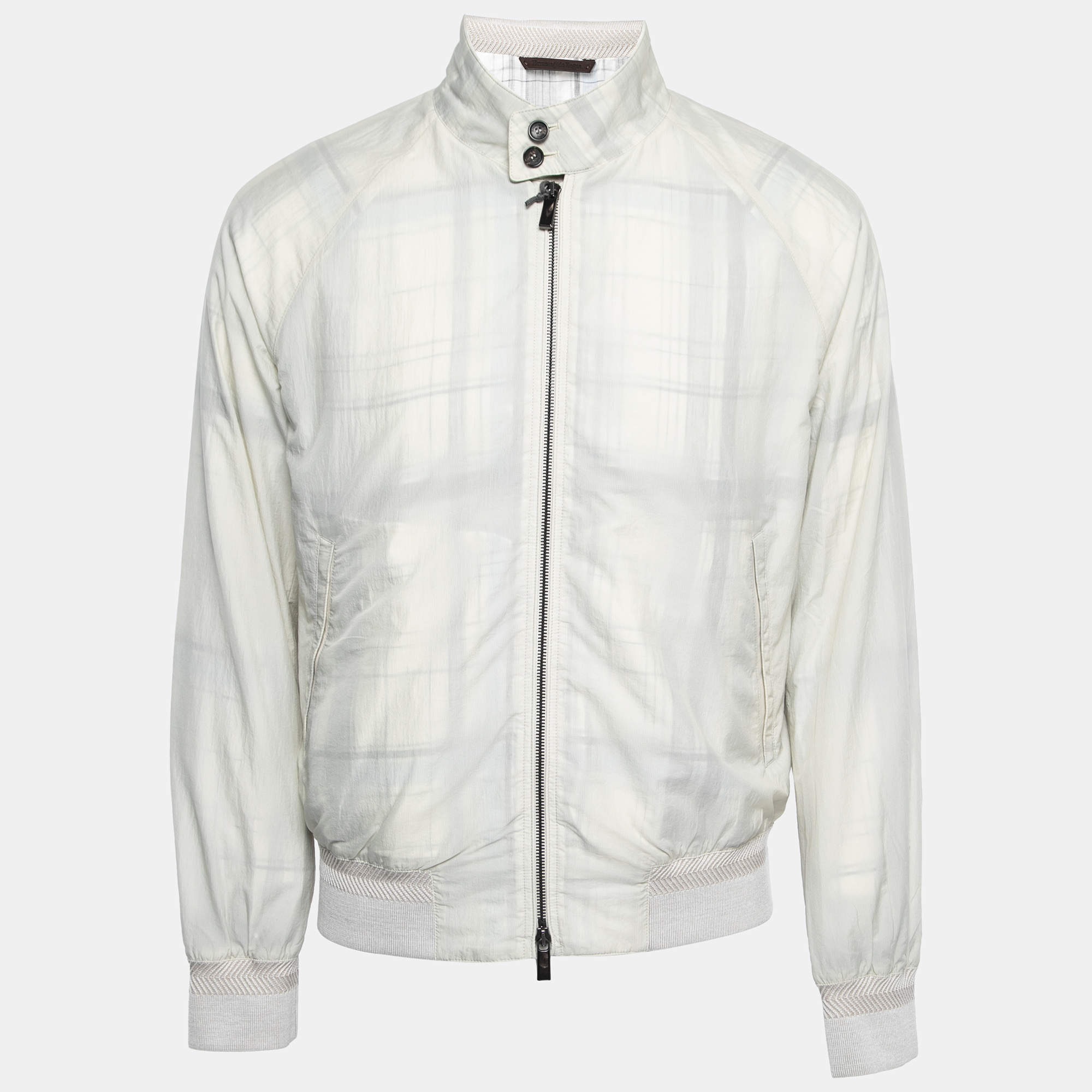 Pre Owned Ermenegildo Zegna Cream Synthetic Zip-Front Jacket L