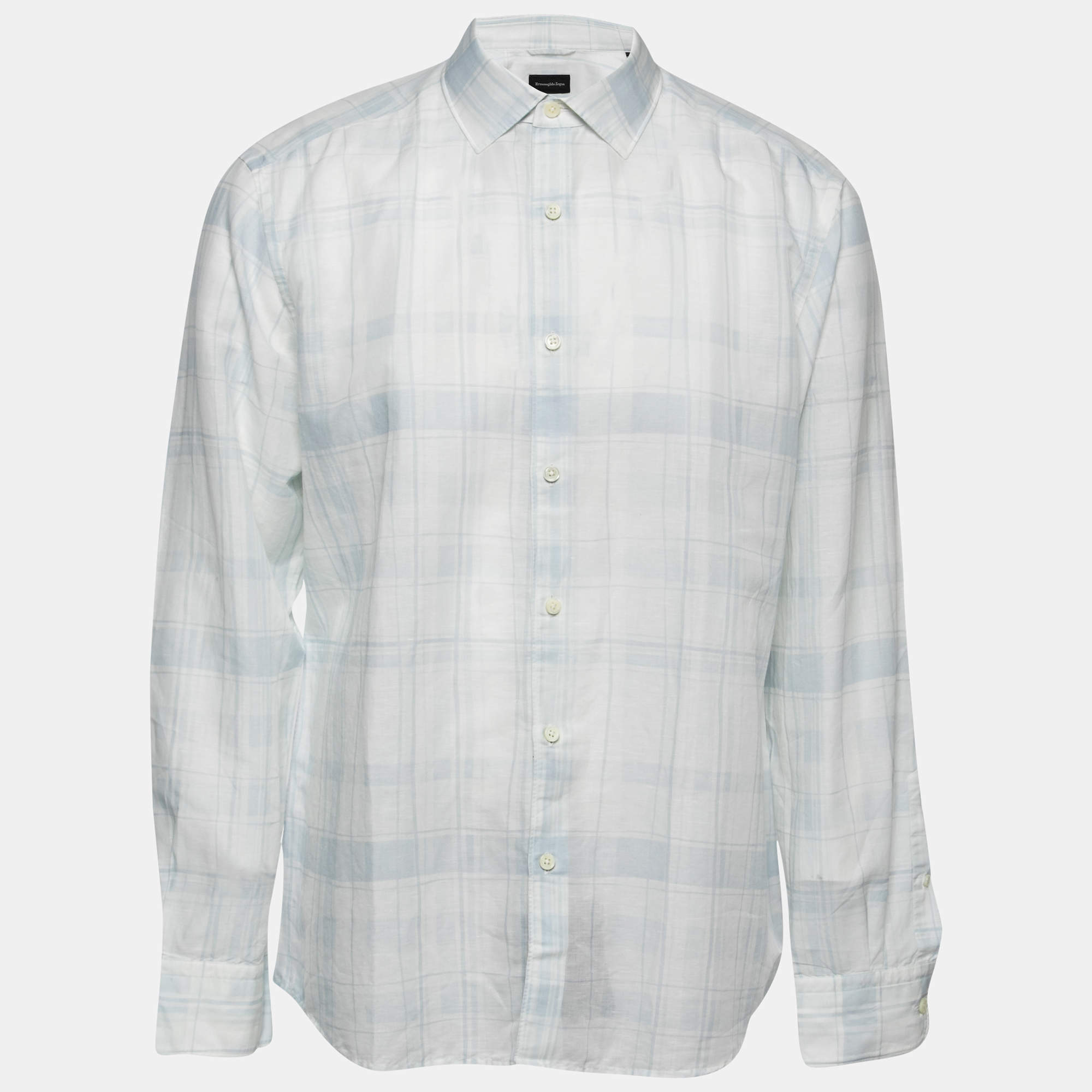 Pre Owned Ermenegildo Zegna Light Blue Checked Linen & Cotton Shirt XL