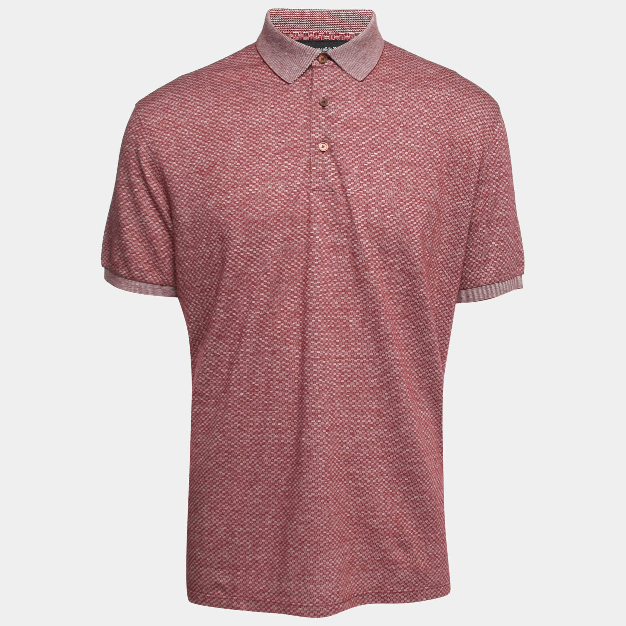 Pre Owned Ermenegildo Zegna Red Patterned Cotton & Linen Polo T-Shirt XL