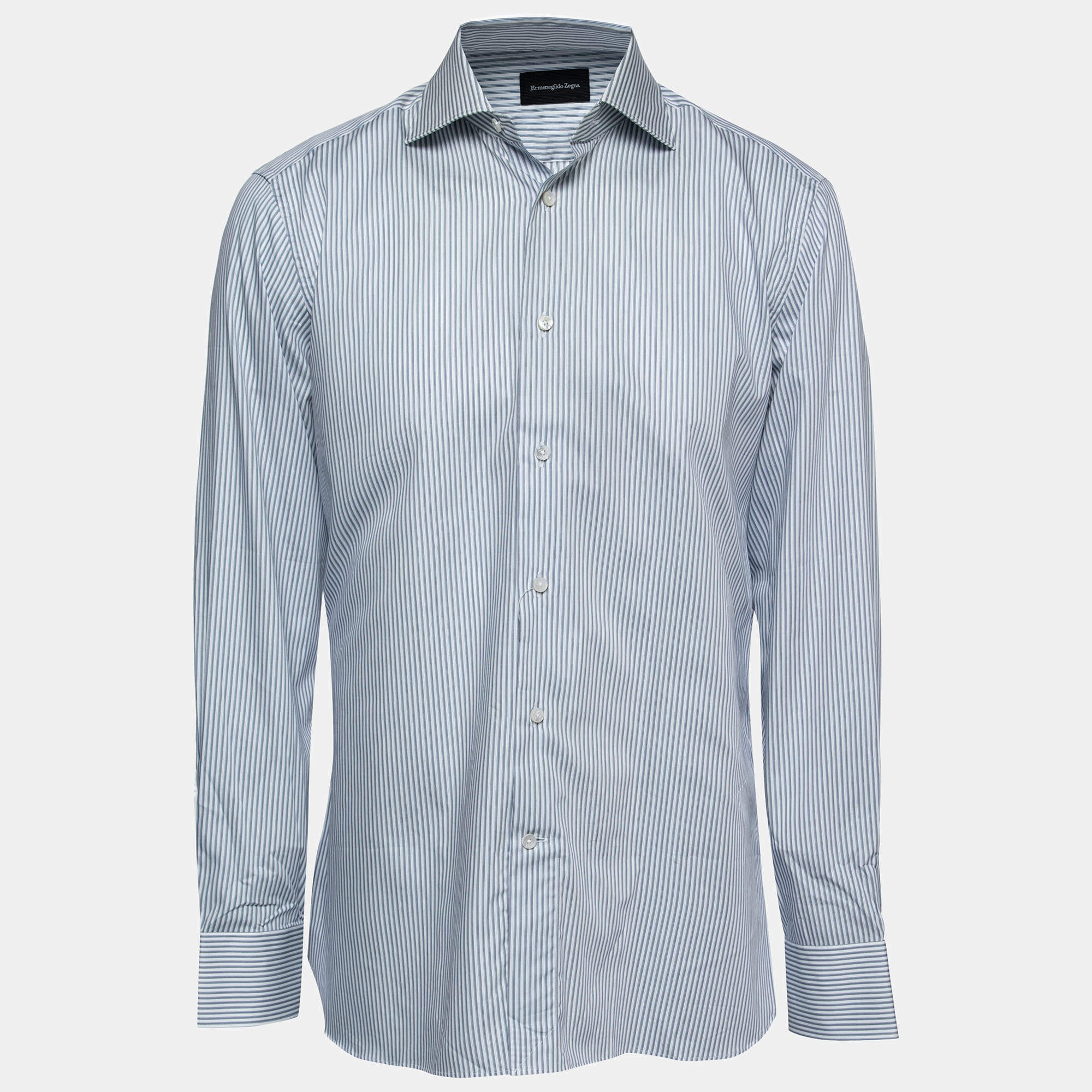مملوكة مسبقًا Ermenegildo Zegna Blue Striped Cotton Button Front Shirt XL