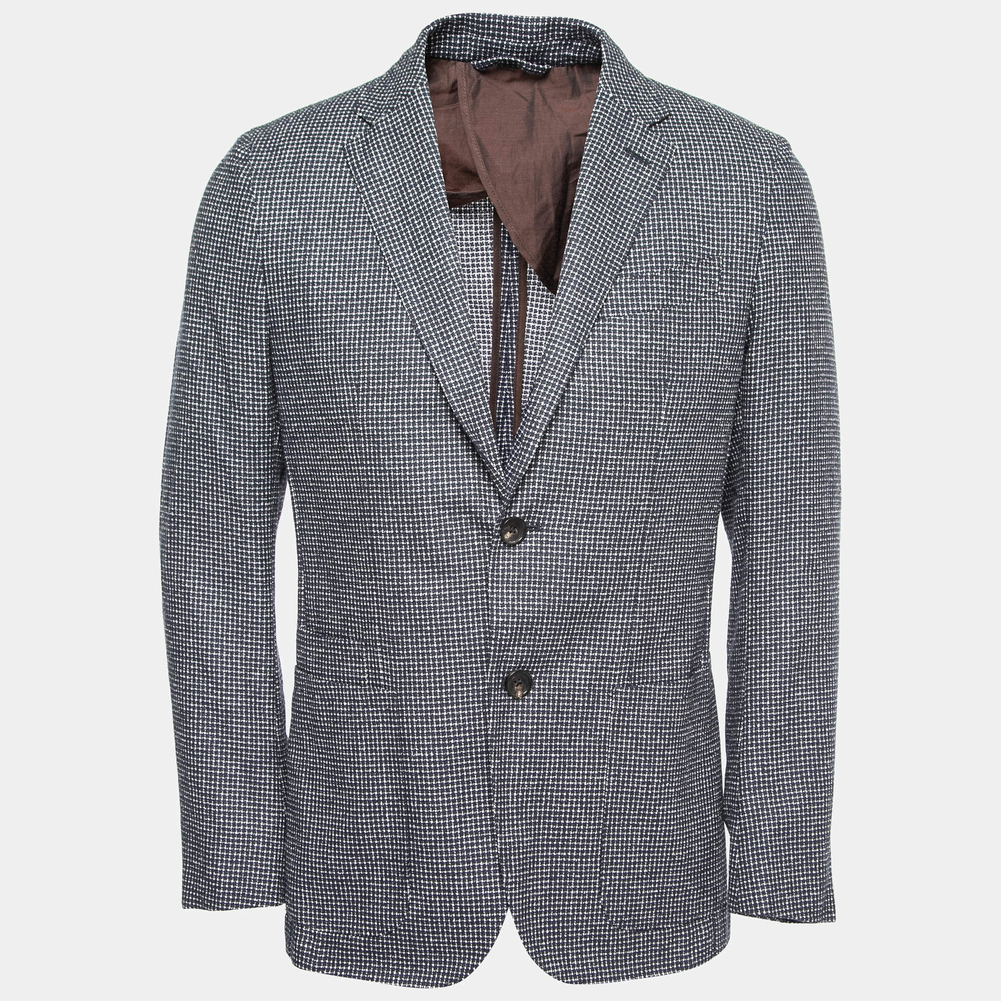 Pre Owned Ermenegildo Zegna Navy Blue Patterned Wool & Cotton Single-Breasted Blazer M