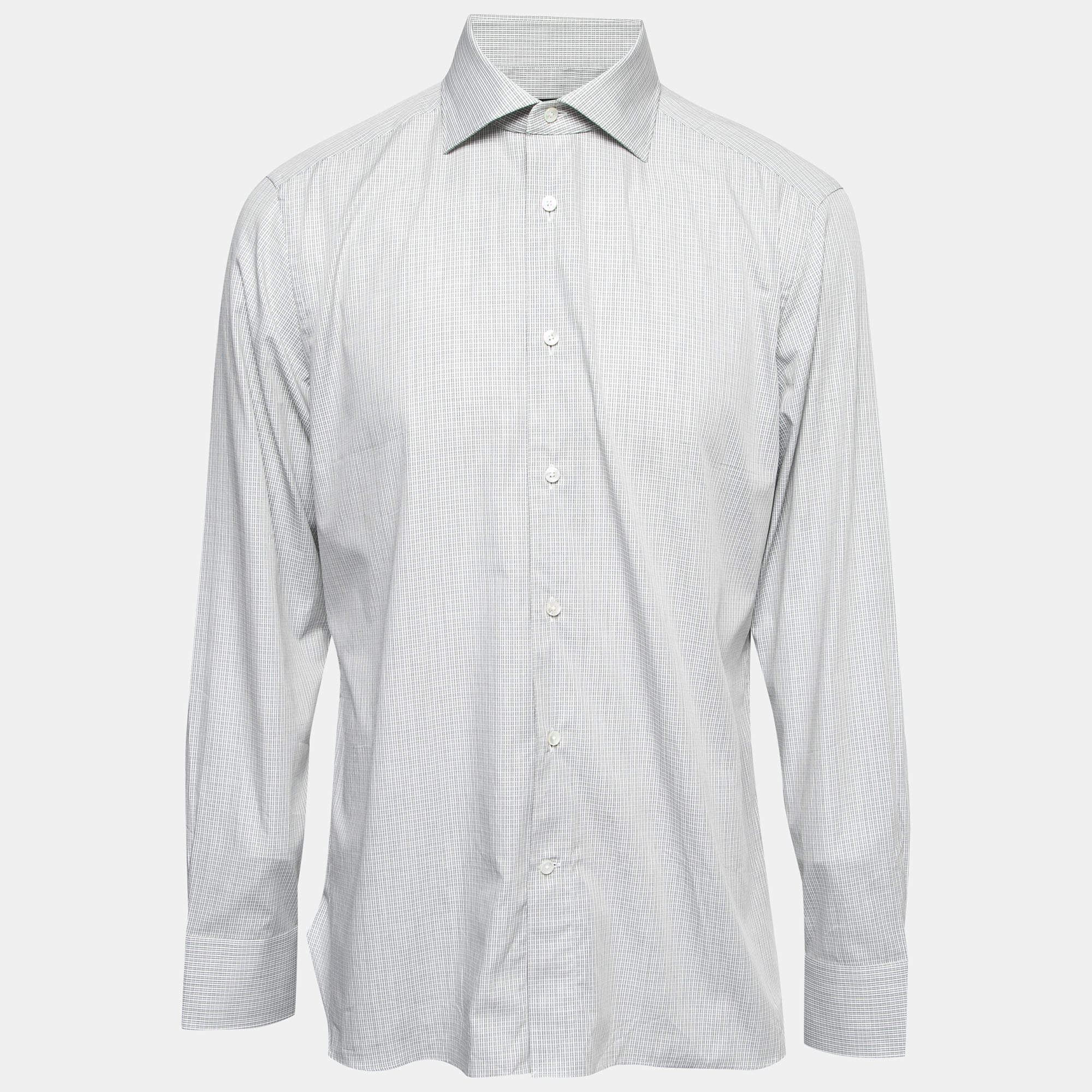 Pre Owned Ermenegildo Zegna Grey Checked Cotton Tailor Fit Shirt XXL