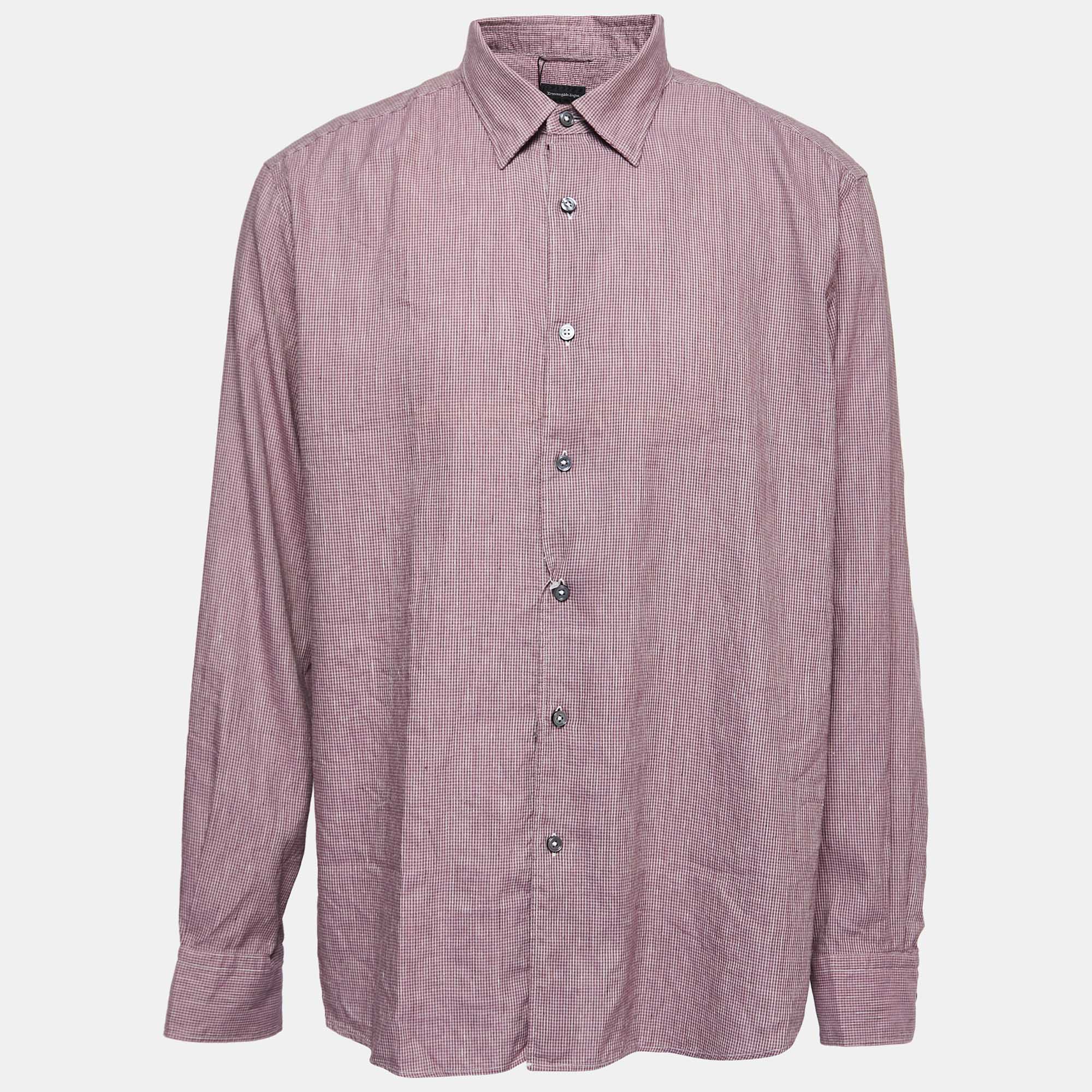 Pre Owned Ermenegildo Zegna Pink Checked Cotton and Linen Button Front Shirt XXL
