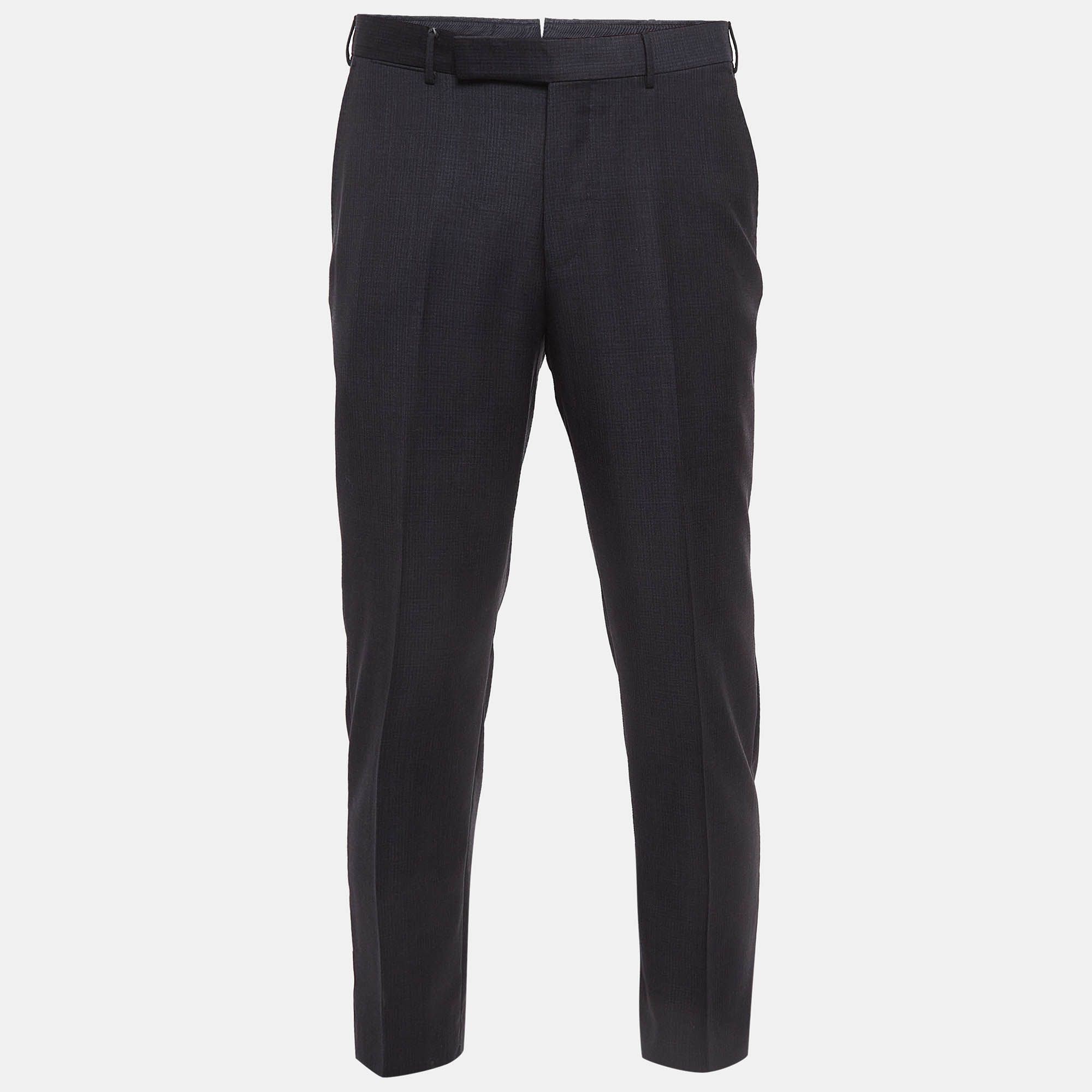 Ermenegildo Zegna Navy Blue Micro Check Wool Formal Trousers M