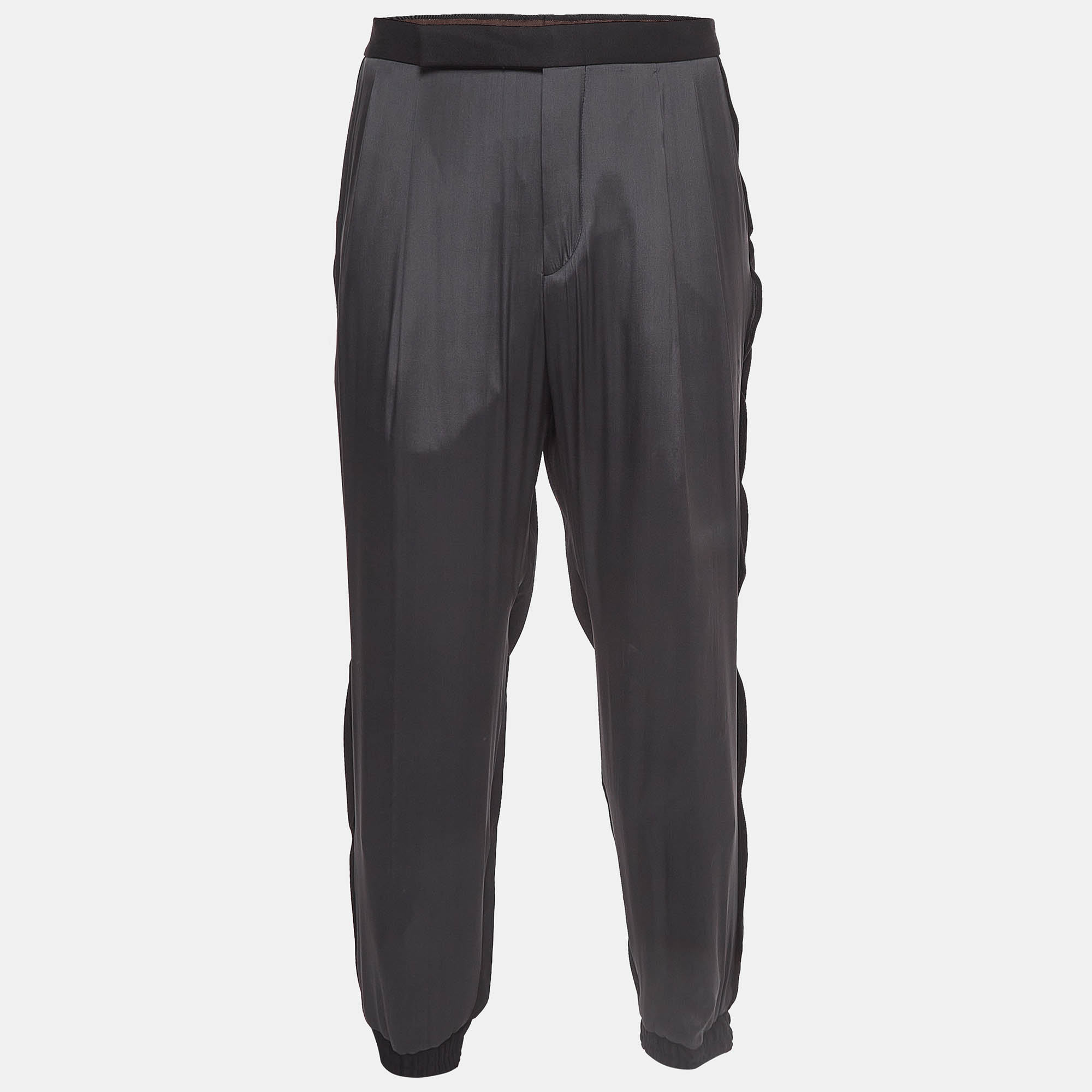 Pre Owned Ermenegildo Zegna Couture Black Silk Paneled Gabardine Joggers XXXL