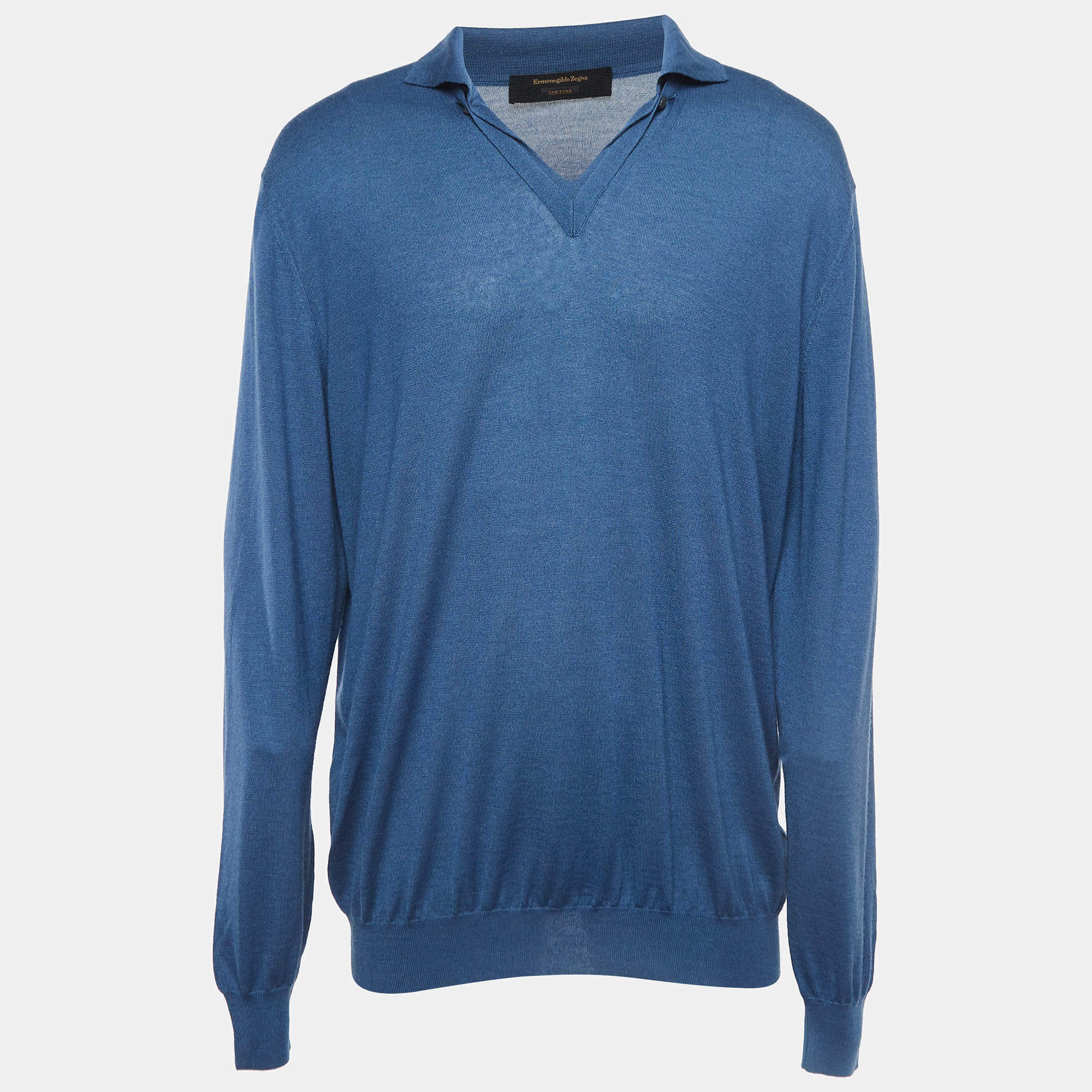 Pre Owned Ermenegildo Zegna Couture Blue Cashmere Knit Polo T-Shirt 3XL