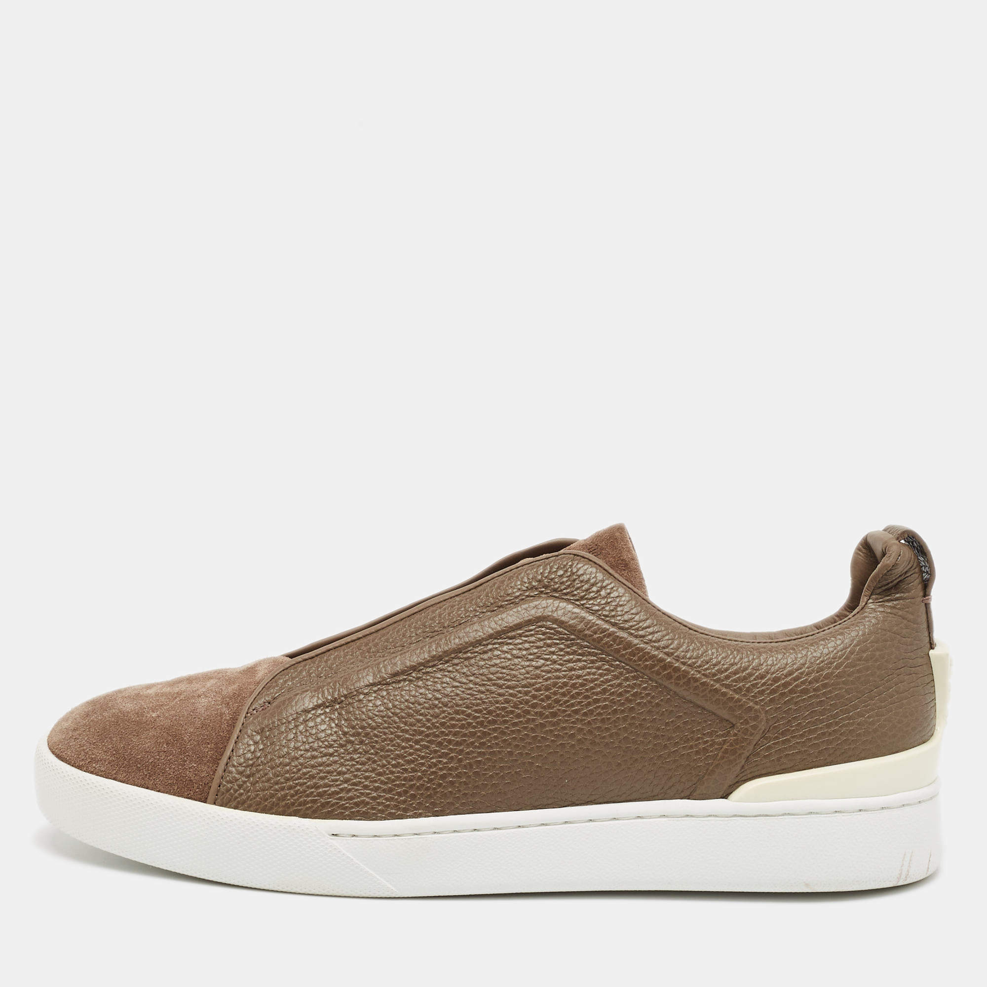 Pre Owned Ermenegildo Zegna Olive Green Leather Triple Stitch Slip On Sneakers Size 44.5