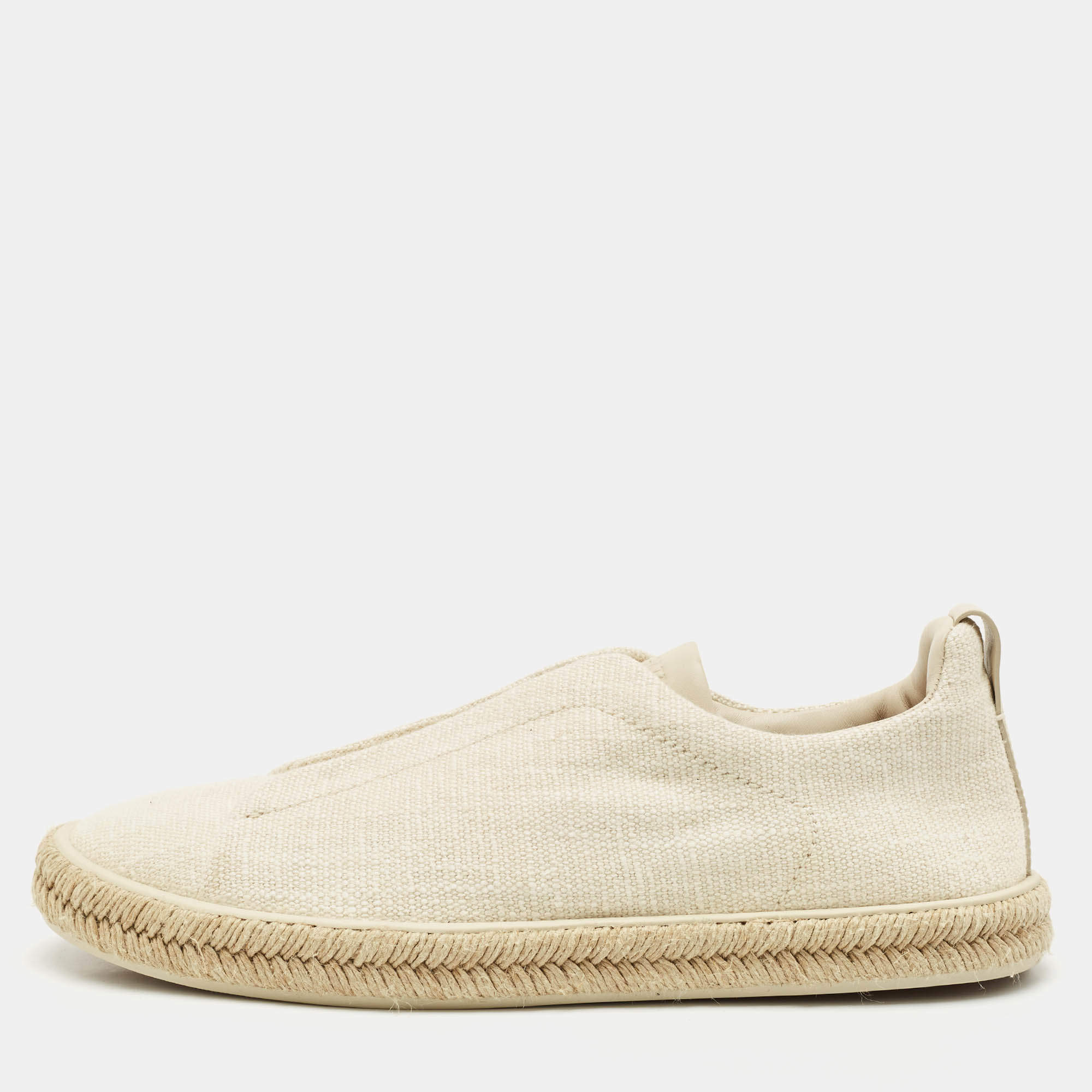 Ermenegildo Zegna Cream Canvas and Leather Triple Stitch Slip On Sneakers Size 44.5