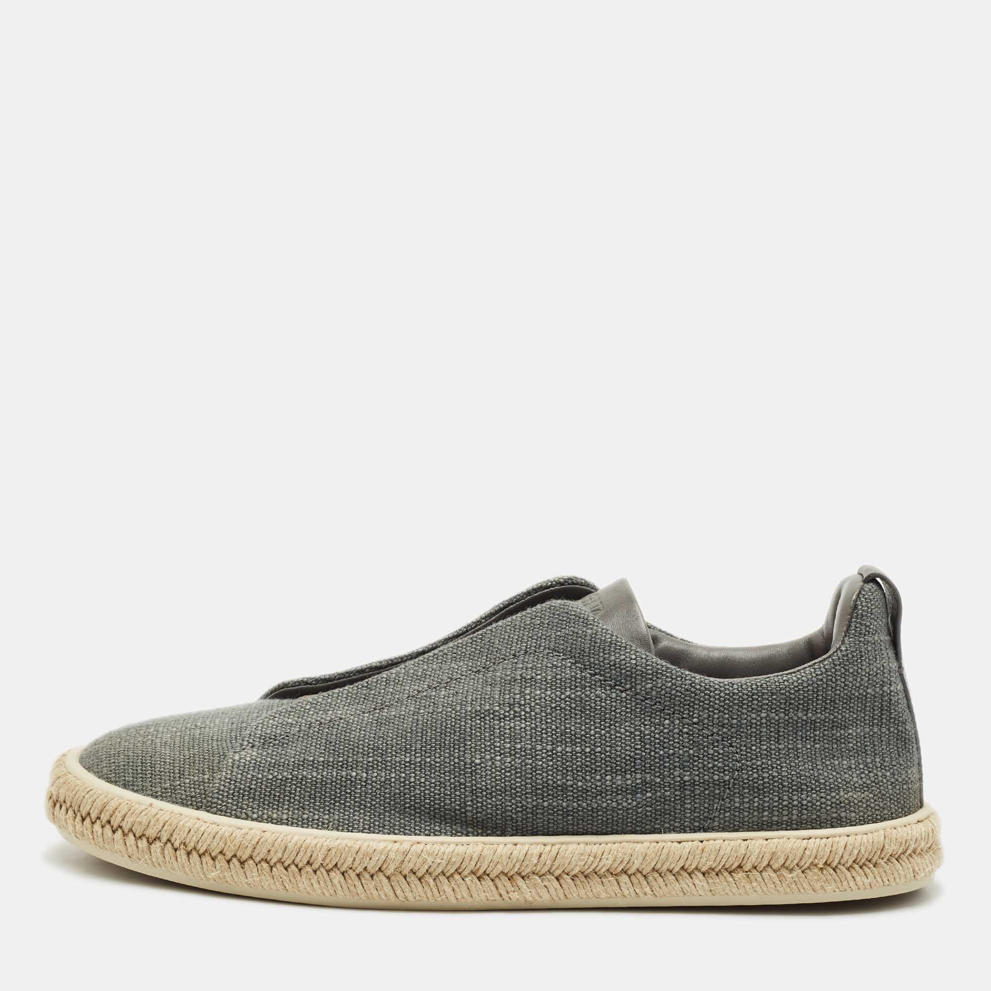 Pre Owned Ermenegildo Zegna Grey Canvas and Leather Triple Stitch Espadrilles Size 44.5