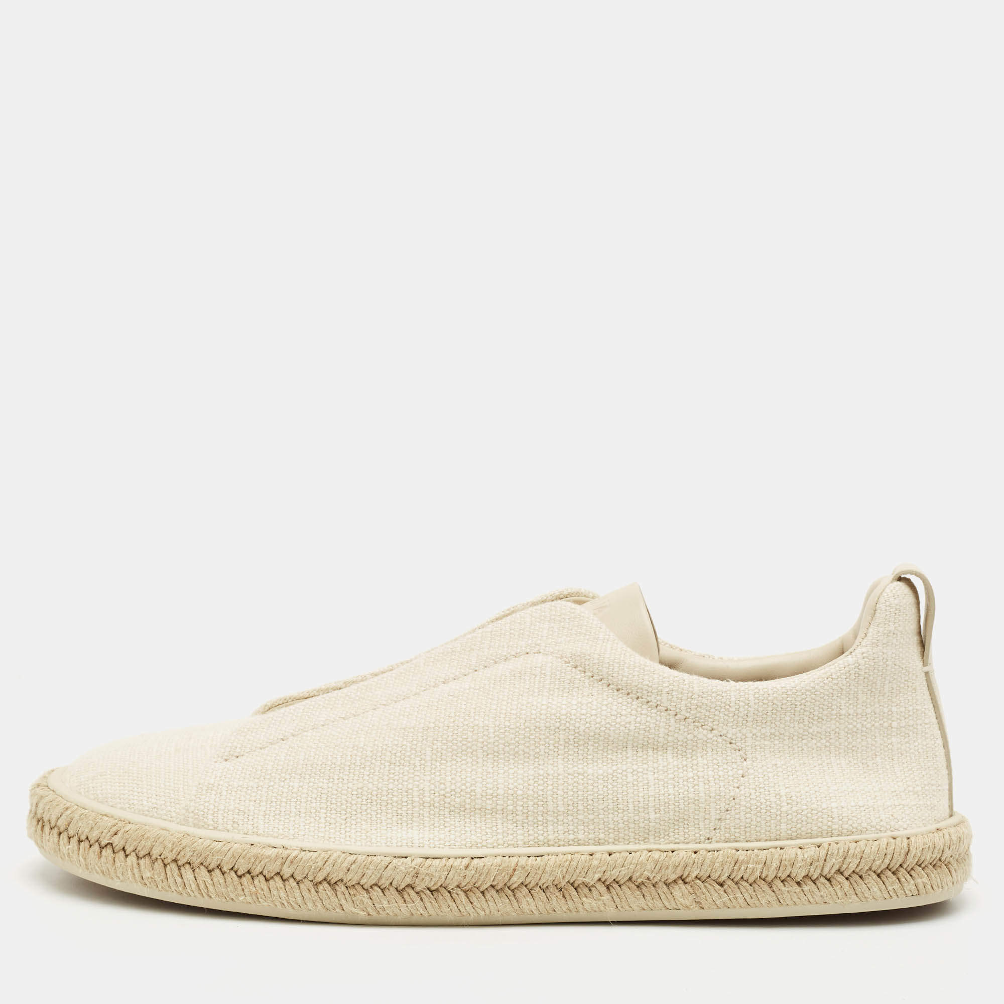 مملوكة مسبقًا Ermenegildo Zegna Cream Canvas Triple Stitch Slip On Sneakers Size 45.5