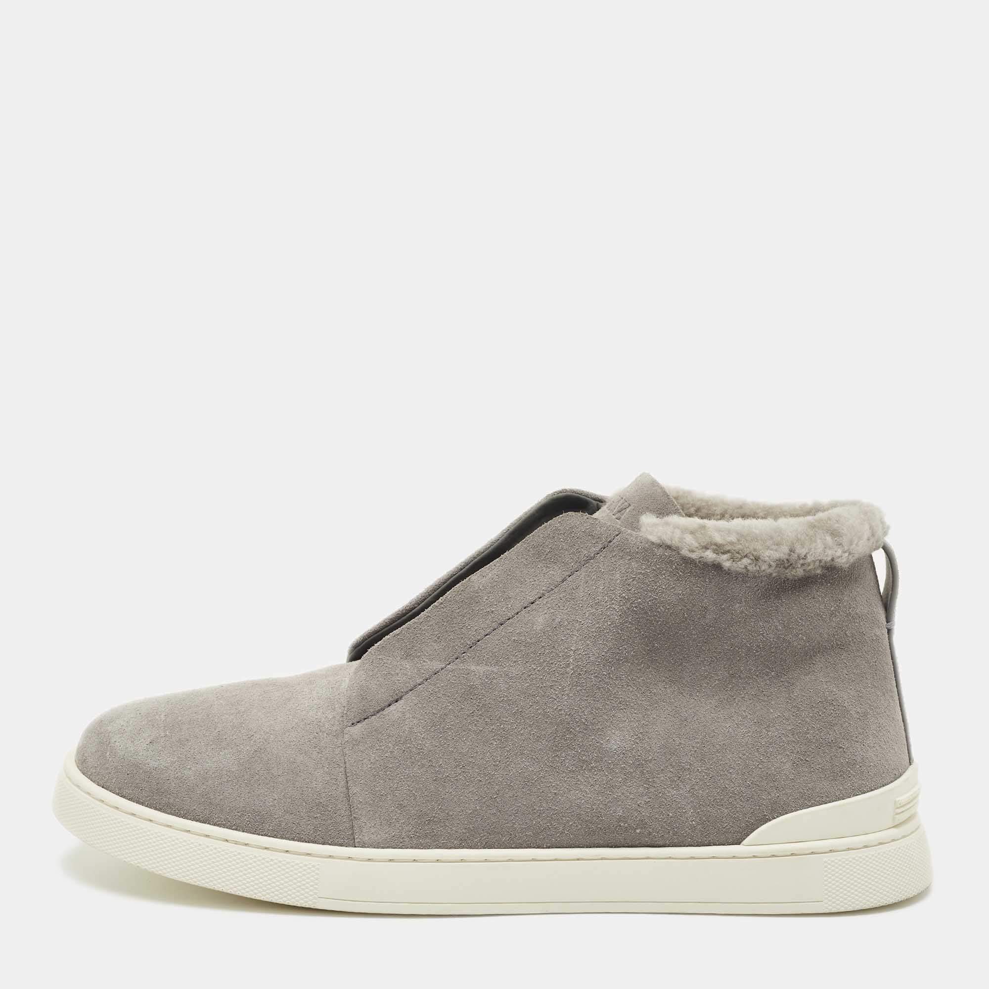 Pre Owned Ermenegildo Zegna Grey Suede triple stitch High Top Sneakers Size 45