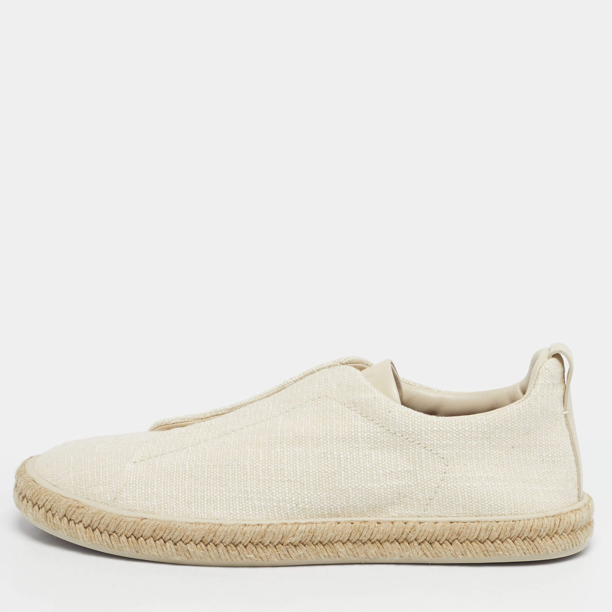 Pre Owned Ermenegildo Zegna Cream Canvas Triple Stitch Slip On Espadrille Size 44.5