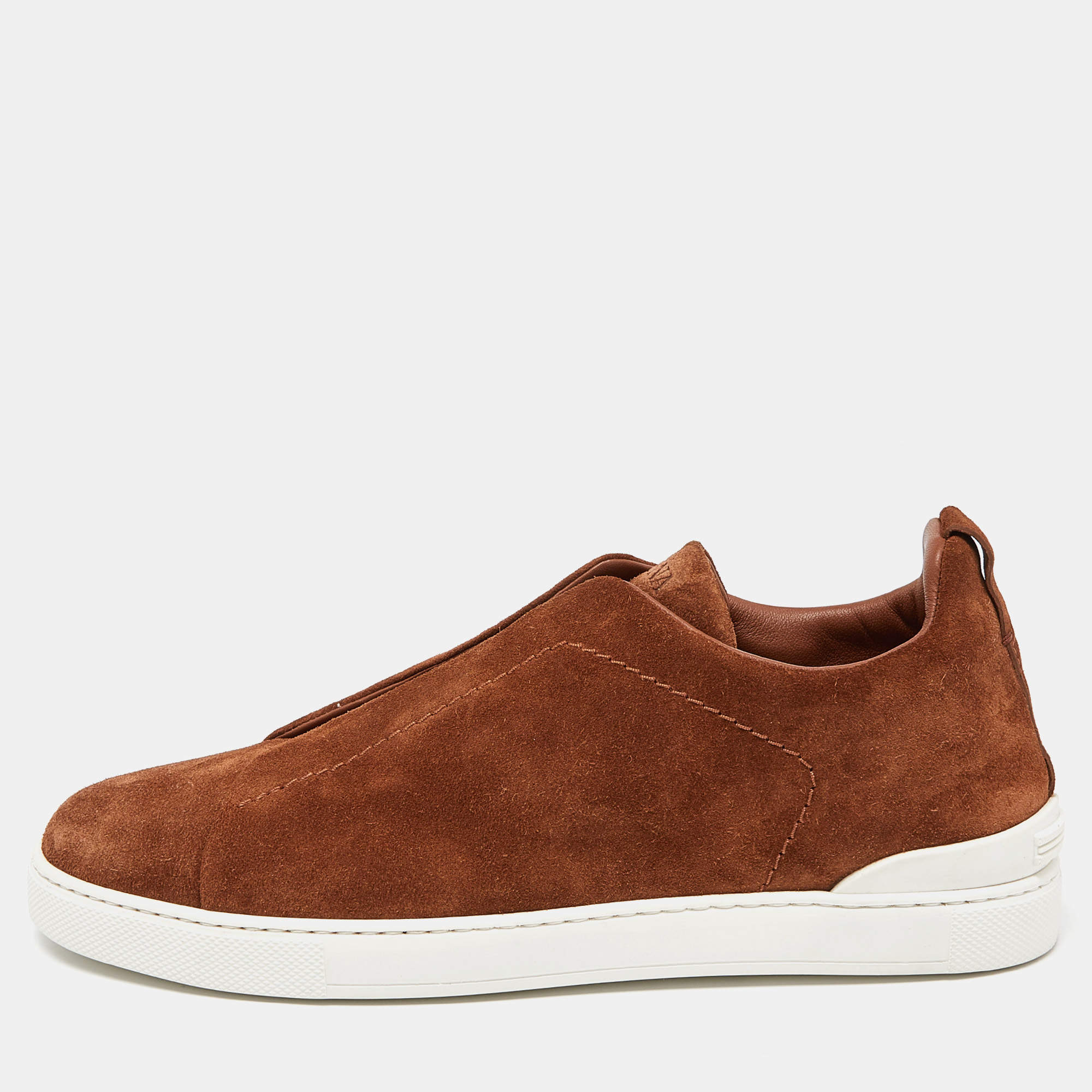 Ermenegildo Zegna Brown Suede Triple Stitch Slip On Sneakers Size 43