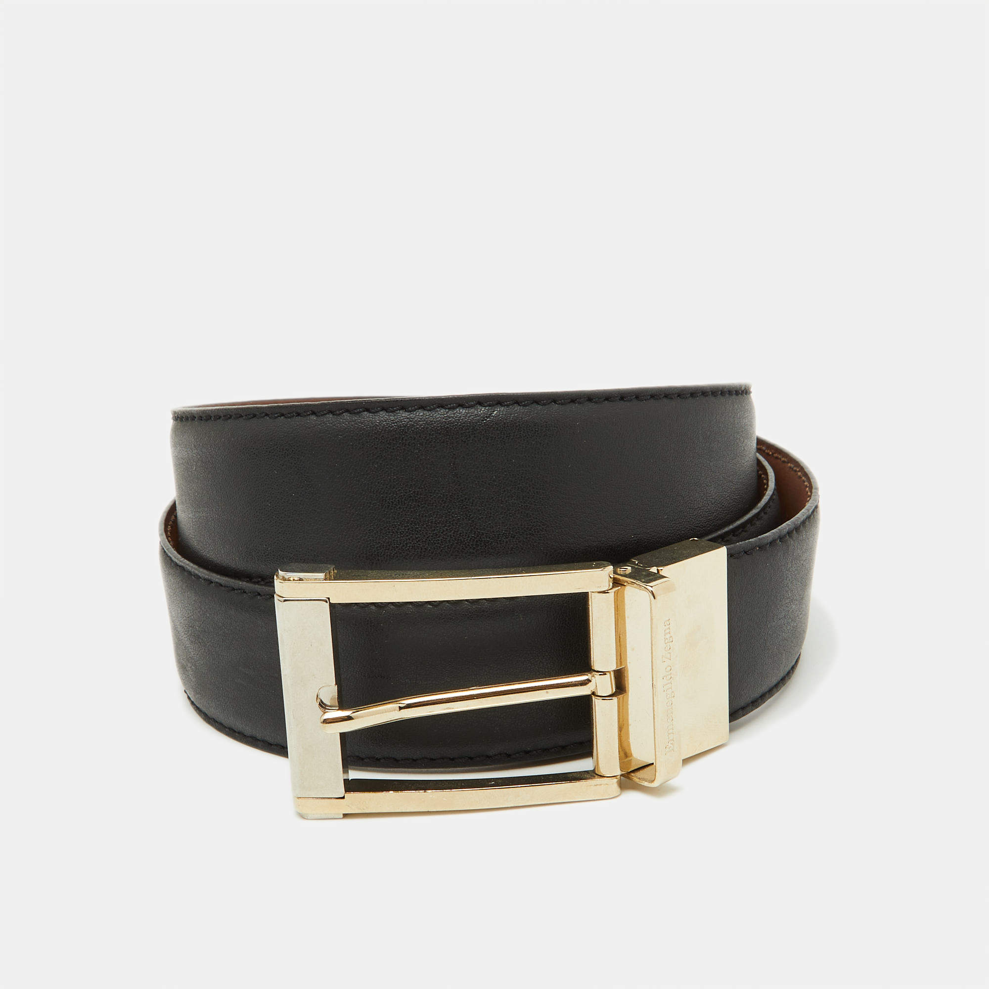 Pre Owned Ermenegildo Zegna Black/Brown Leather Cut to Size Reversible Buckle Belt
