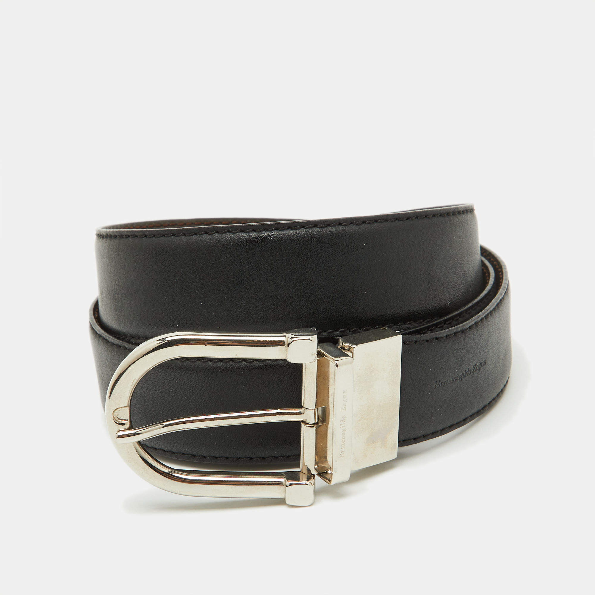 مملوكة مسبقًا Ermenegildo Zegna Black/Dark Brown Leather Cut to Size Reversible Buckle Belt