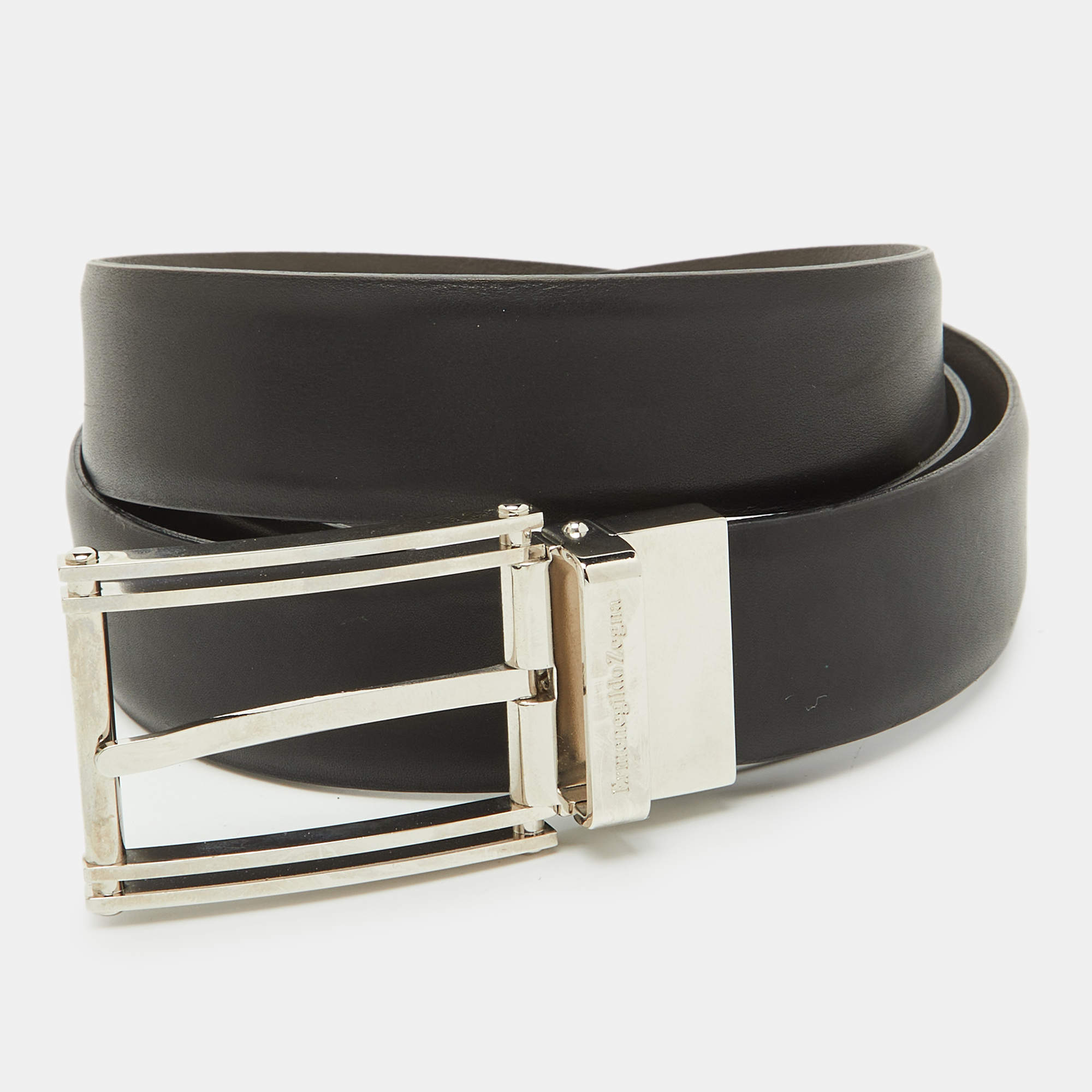 مملوكة مسبقًا Ermenegildo Zegna Black/Dark Brown Leather Cut to Size Reversible Buckle Belt