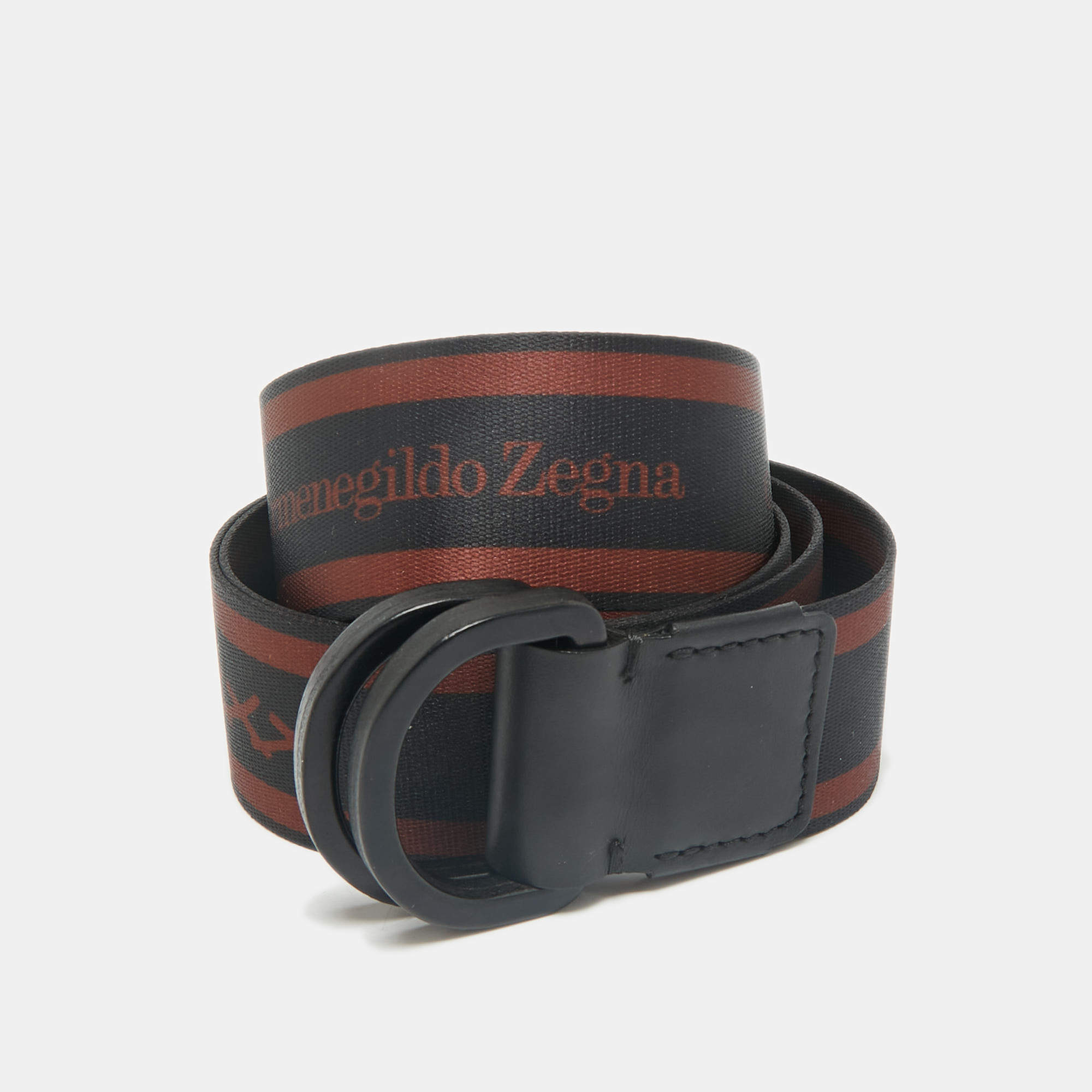 Ermenegildo Zegna Black/Brown Canvas and Leather Logo Belt 